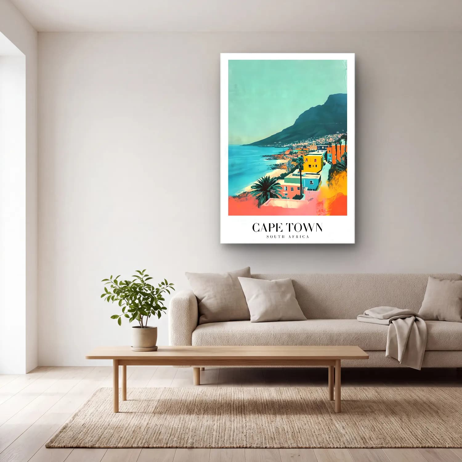 Pastel Akdeniz Sahil Kasabası No. 16 cam tablo — açık renk salonda