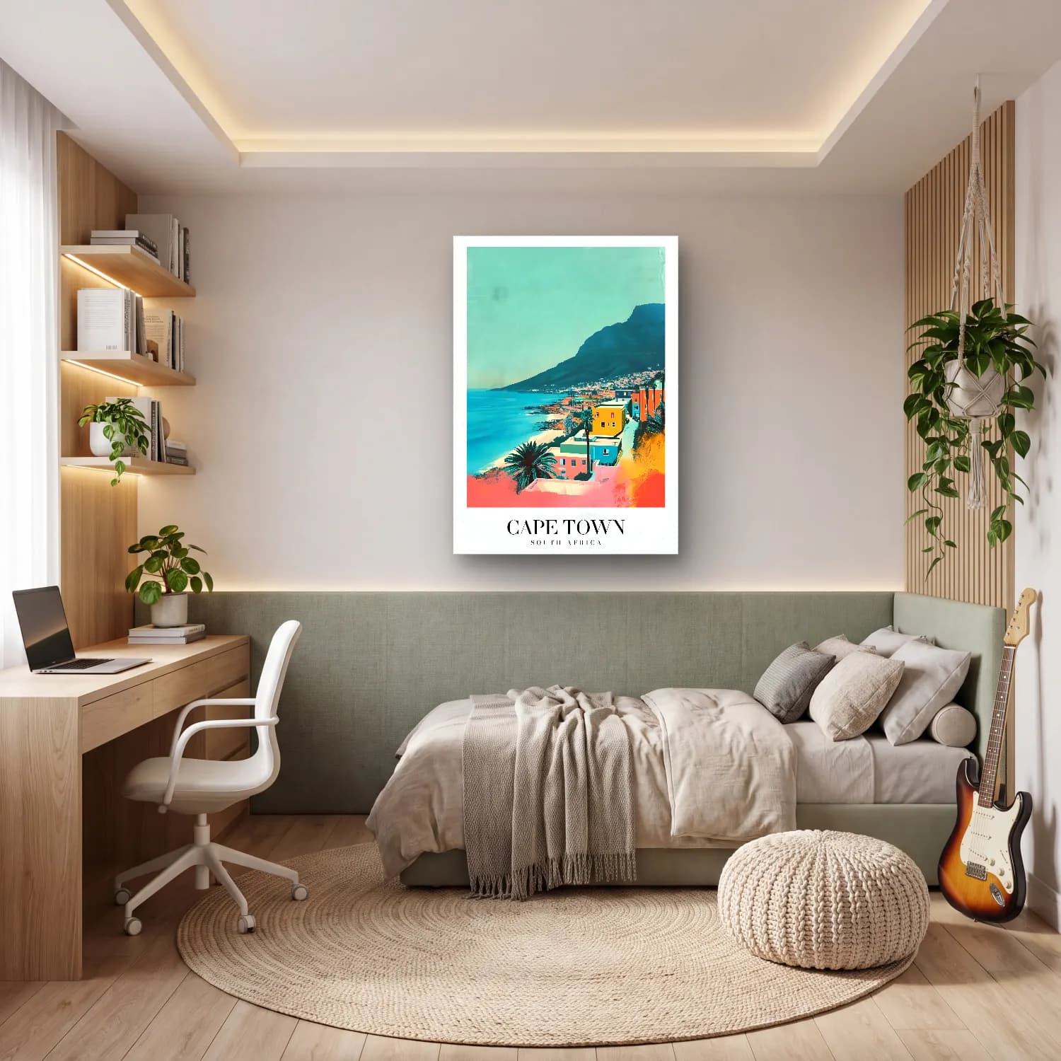 Pastel Akdeniz Sahil Kasabası No. 16 cam tablo — genç odasında