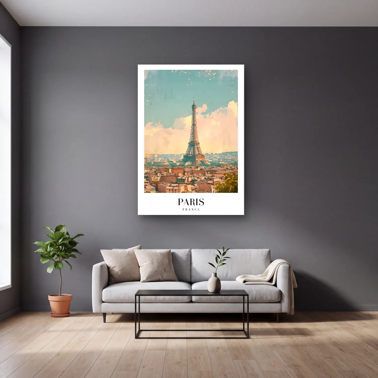Pastel Paris ve Eyfel Kulesi No. 9 cam tablo — gri duvarlı salonda