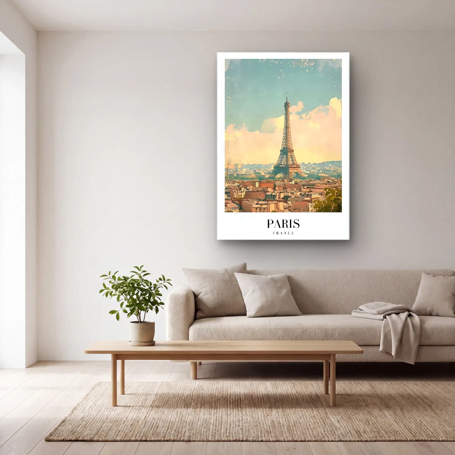 Pastel Paris ve Eyfel Kulesi No. 9 cam tablo — açık renk salonda