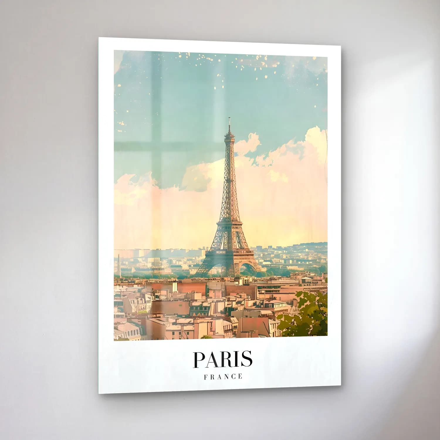 Pastel Paris ve Eyfel Kulesi No. 9 cam tablo — sol açıdan görünüm