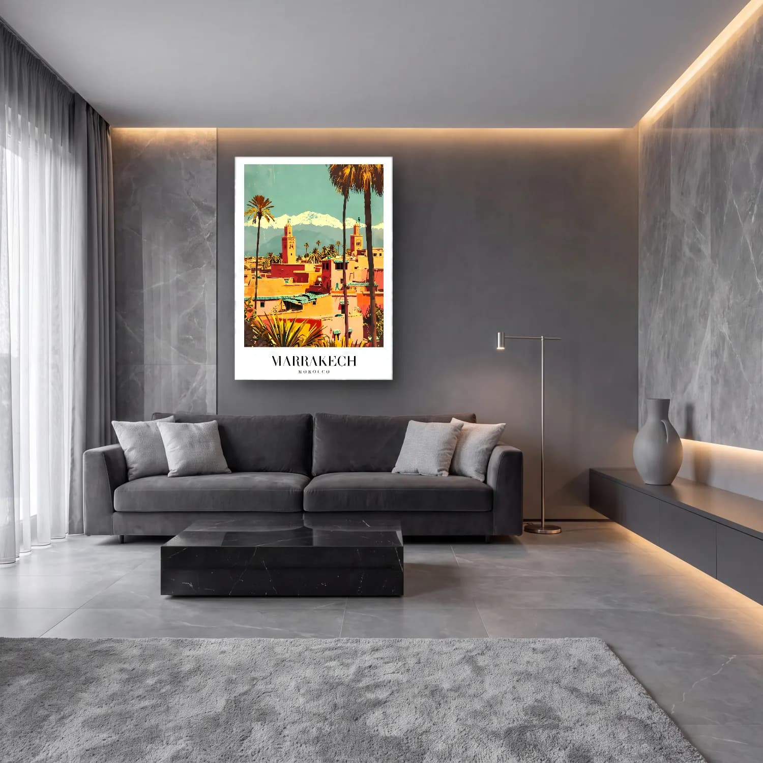 Pastel Akdeniz Sahil Kasabası No. 17 cam tablo — lüks salon duvarında