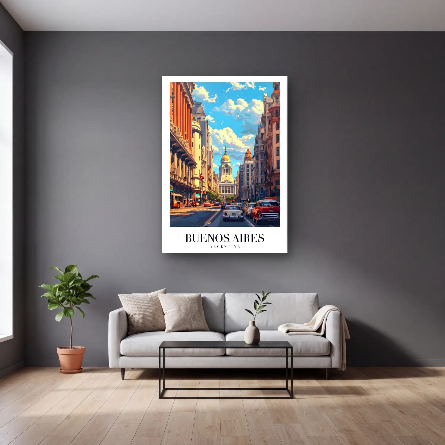 Vintage Poster Kafeli Avrupa Sokağı No. 6 cam tablo — gri duvarlı salonda