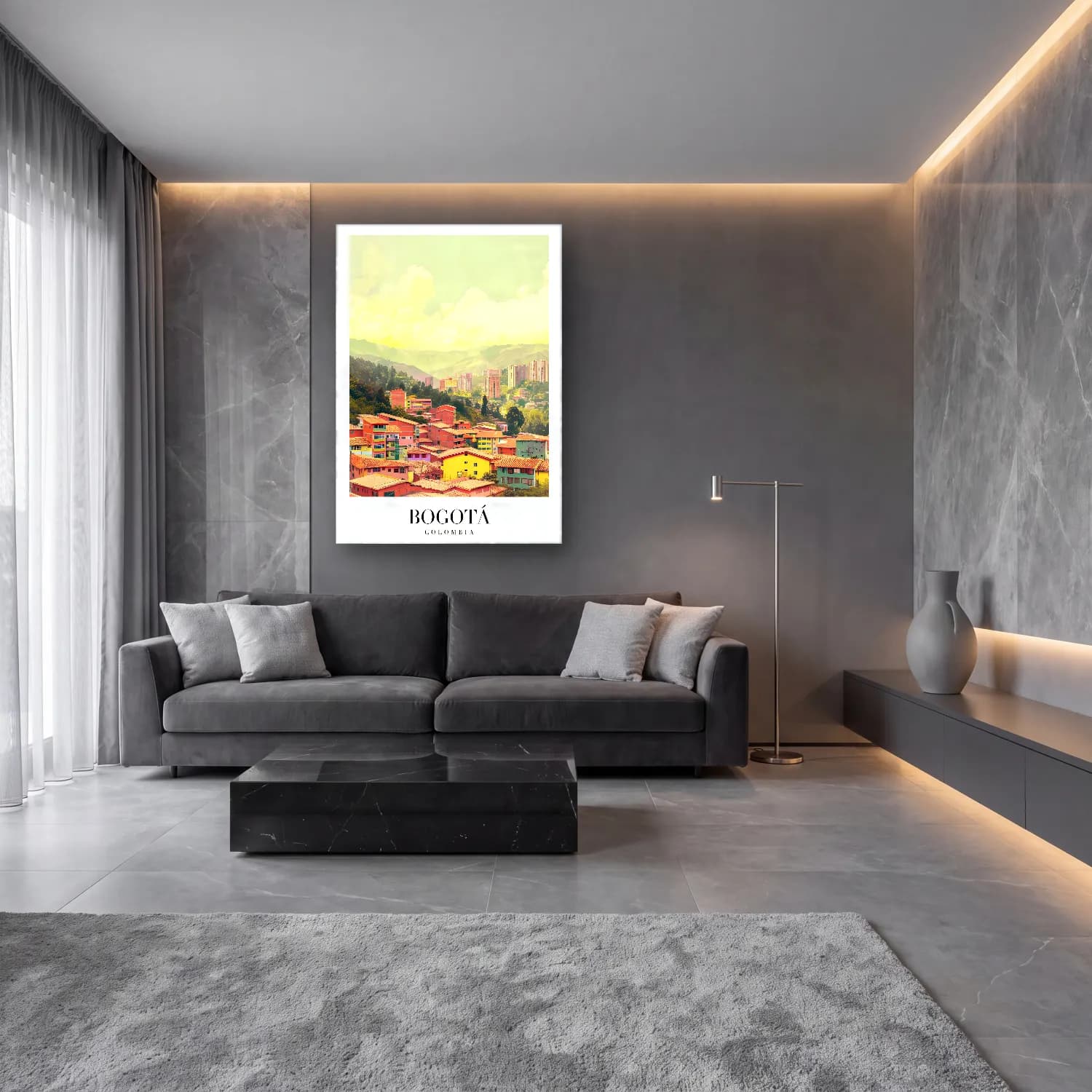 Pastel Dağ Manzarası No. 11 cam tablo — lüks salon duvarında