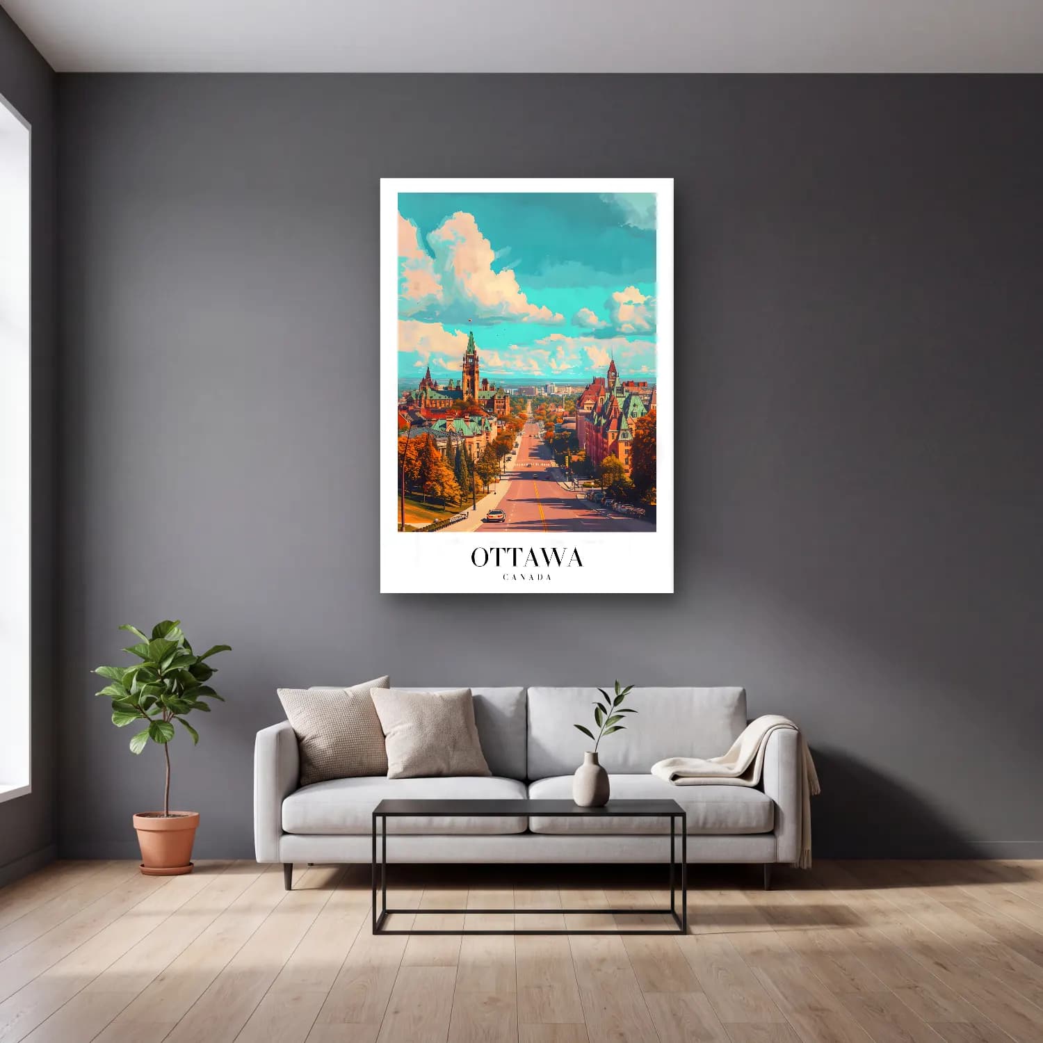Pastel Katedral No. 10 cam tablo — gri duvarlı salonda