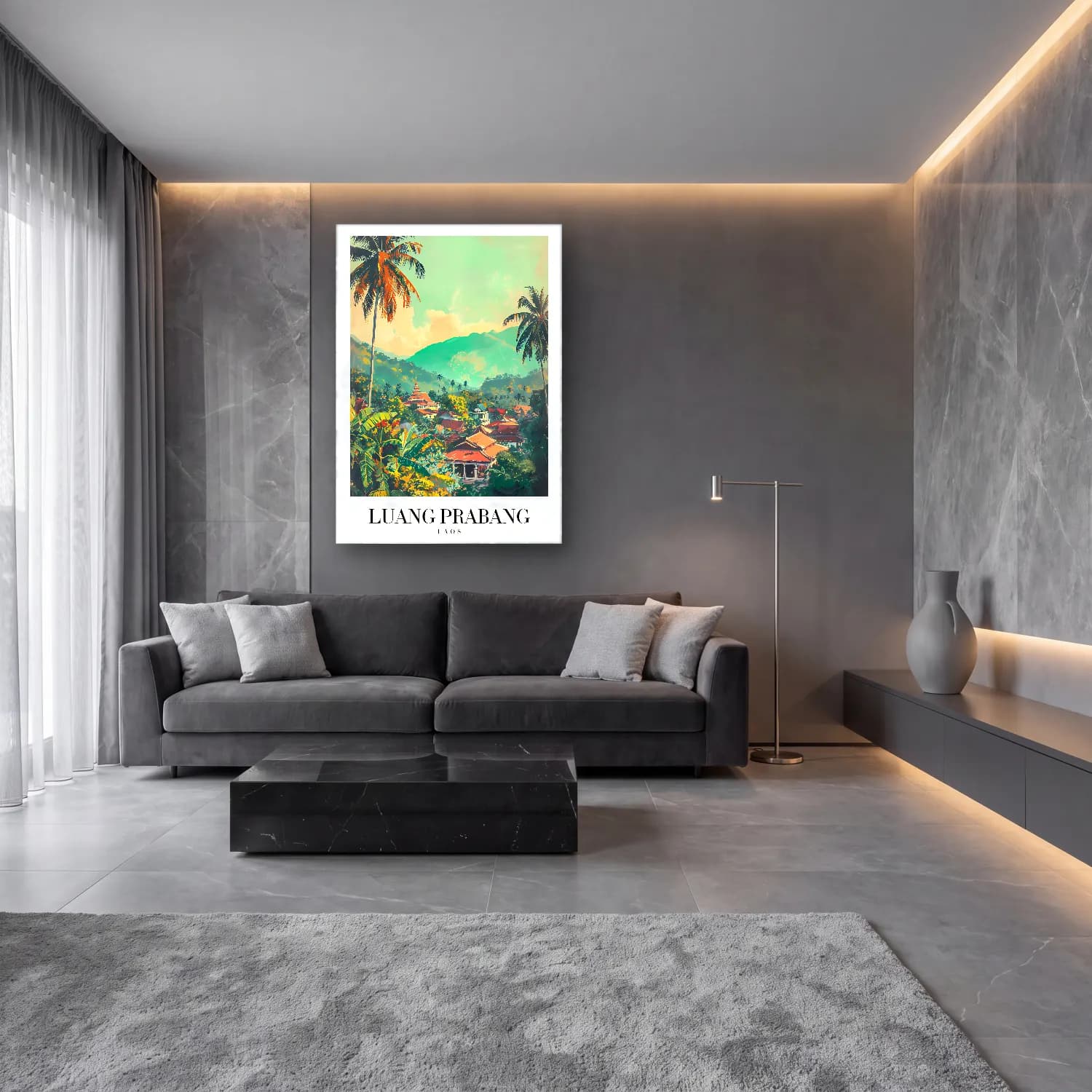 Pastel Köy Sokağı No. 7 cam tablo — lüks salon duvarında