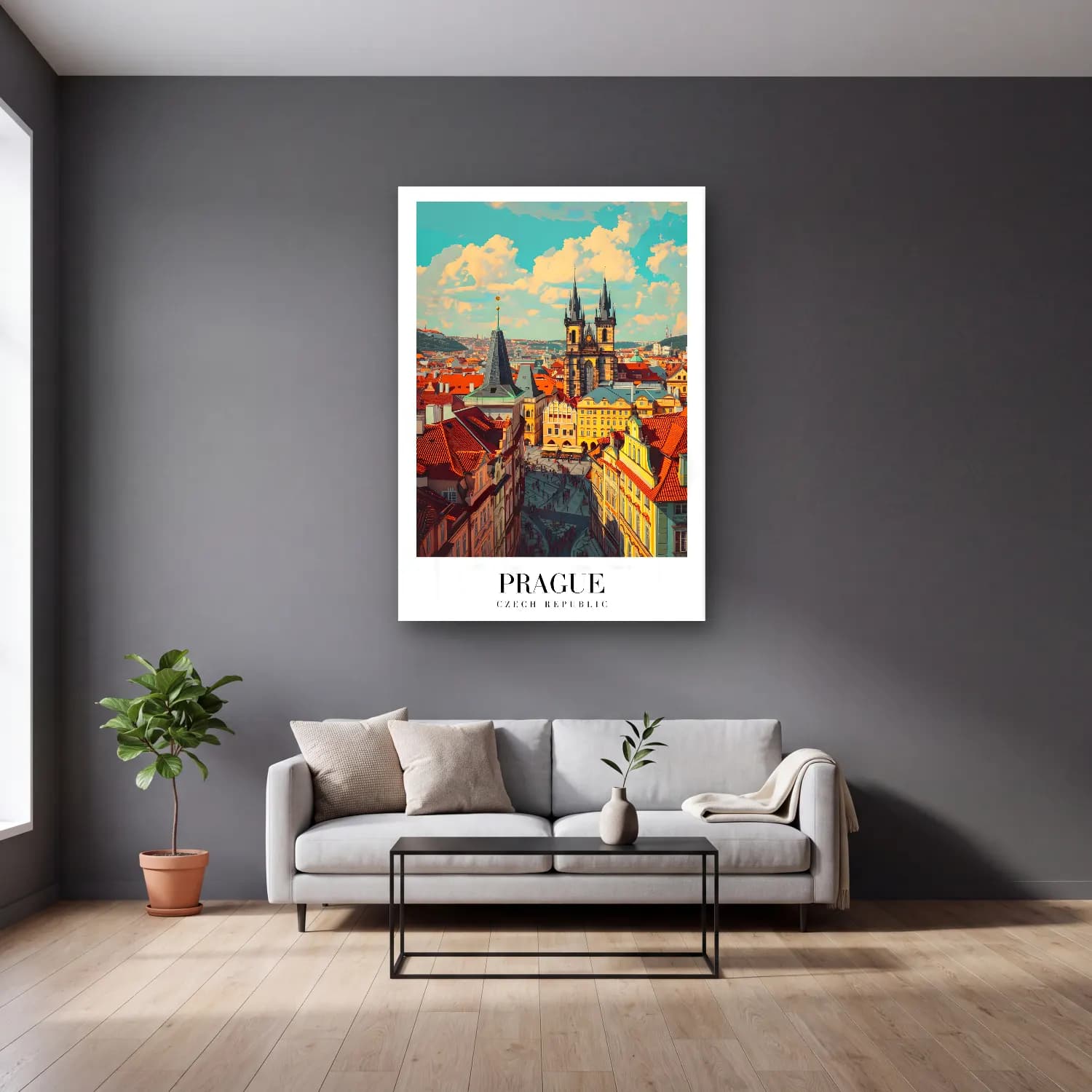 Vintage Poster Katedral No. 11 cam tablo — gri duvarlı salonda