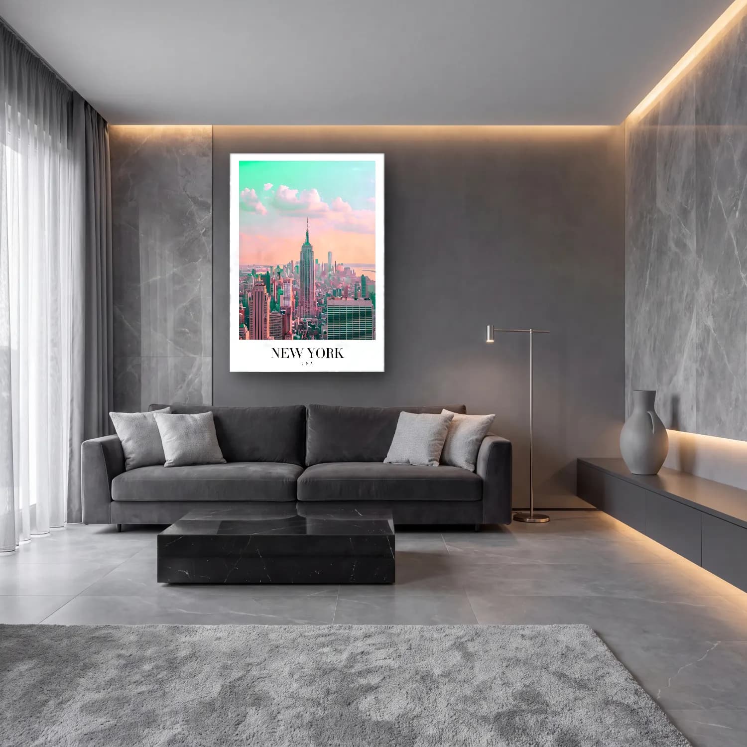 Pastel New York Silüeti No. 10 cam tablo — lüks salon duvarında