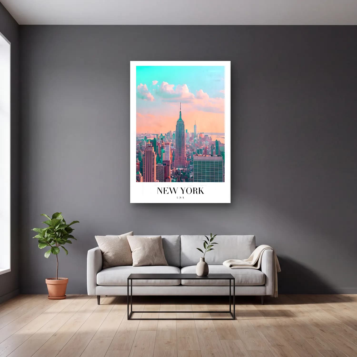Pastel New York Silüeti No. 10 cam tablo — gri duvarlı salonda