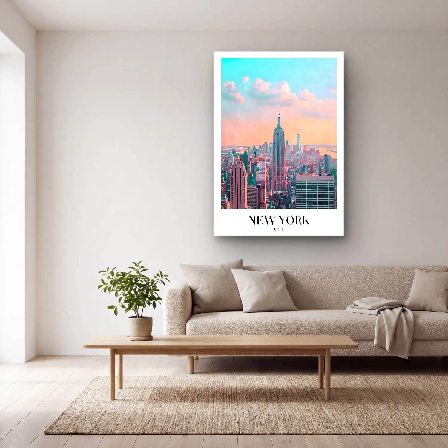 Pastel New York Silüeti No. 10 cam tablo — açık renk salonda