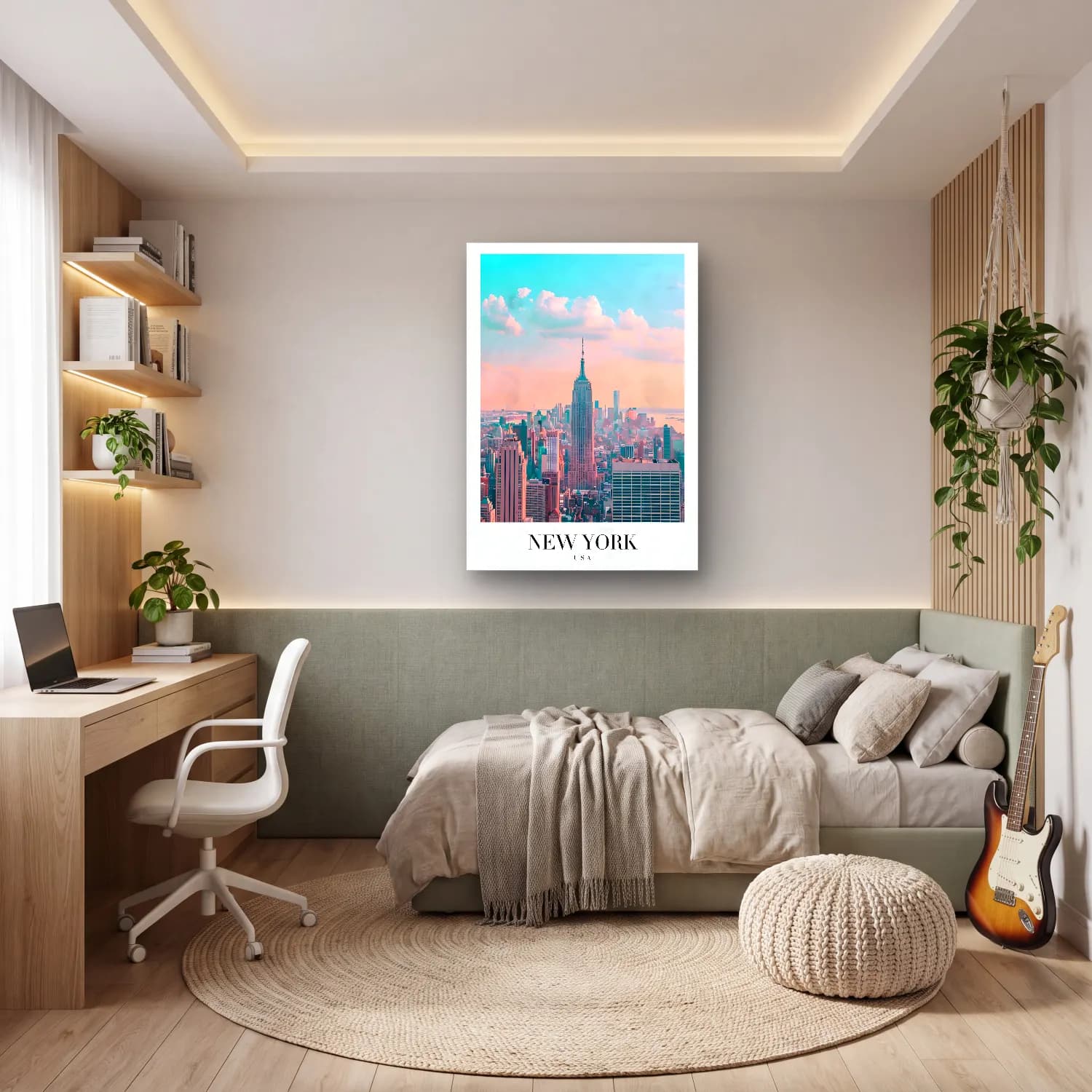 Pastel New York Silüeti No. 10 cam tablo — genç odasında