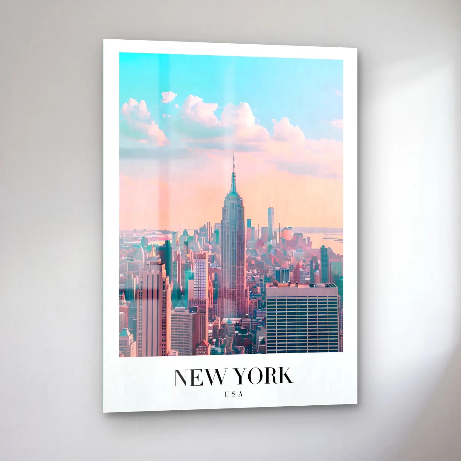 Pastel New York Silüeti No. 10 cam tablo — sol açıdan görünüm