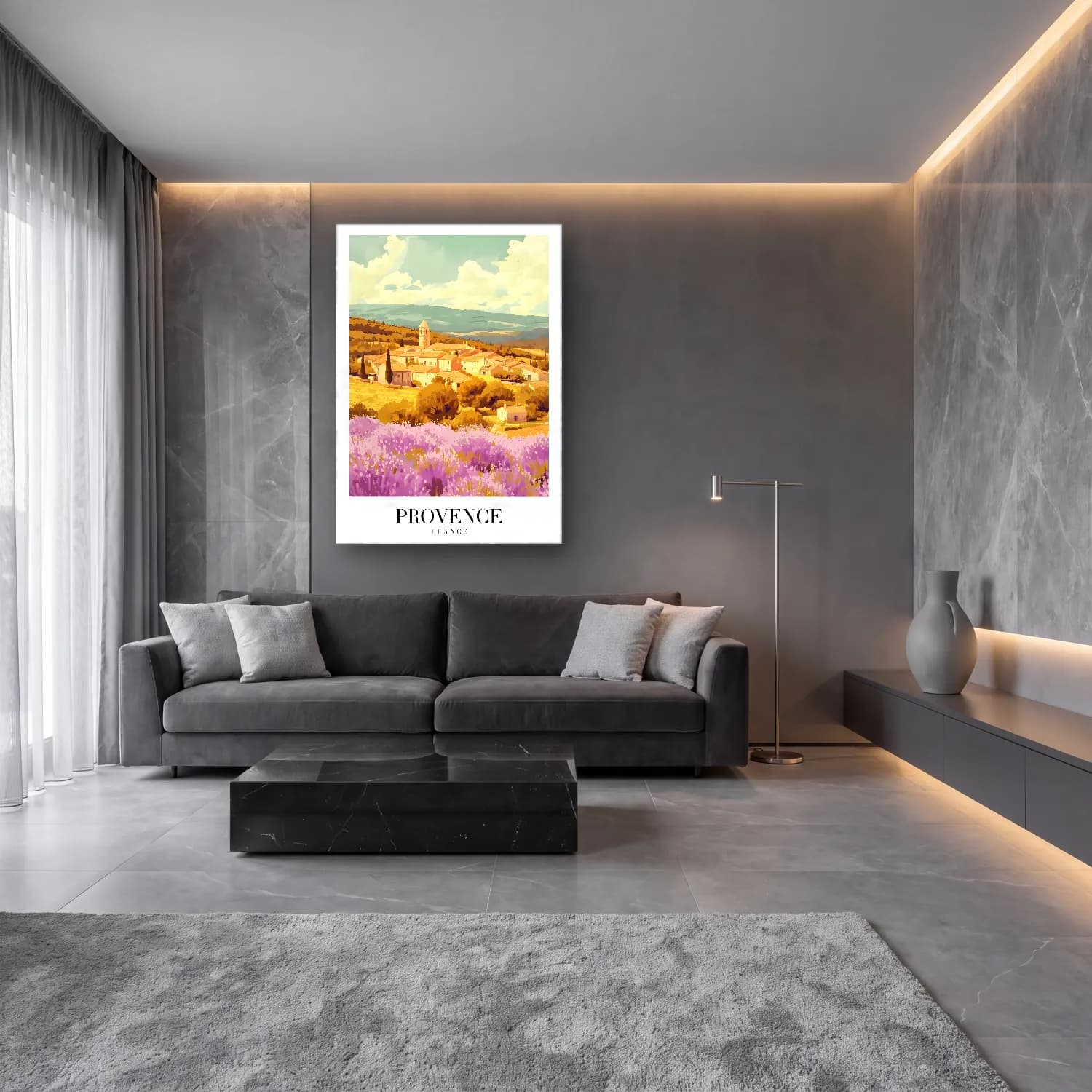 Pastel Lavanta Tarlası No. 7 cam tablo — lüks salon duvarında