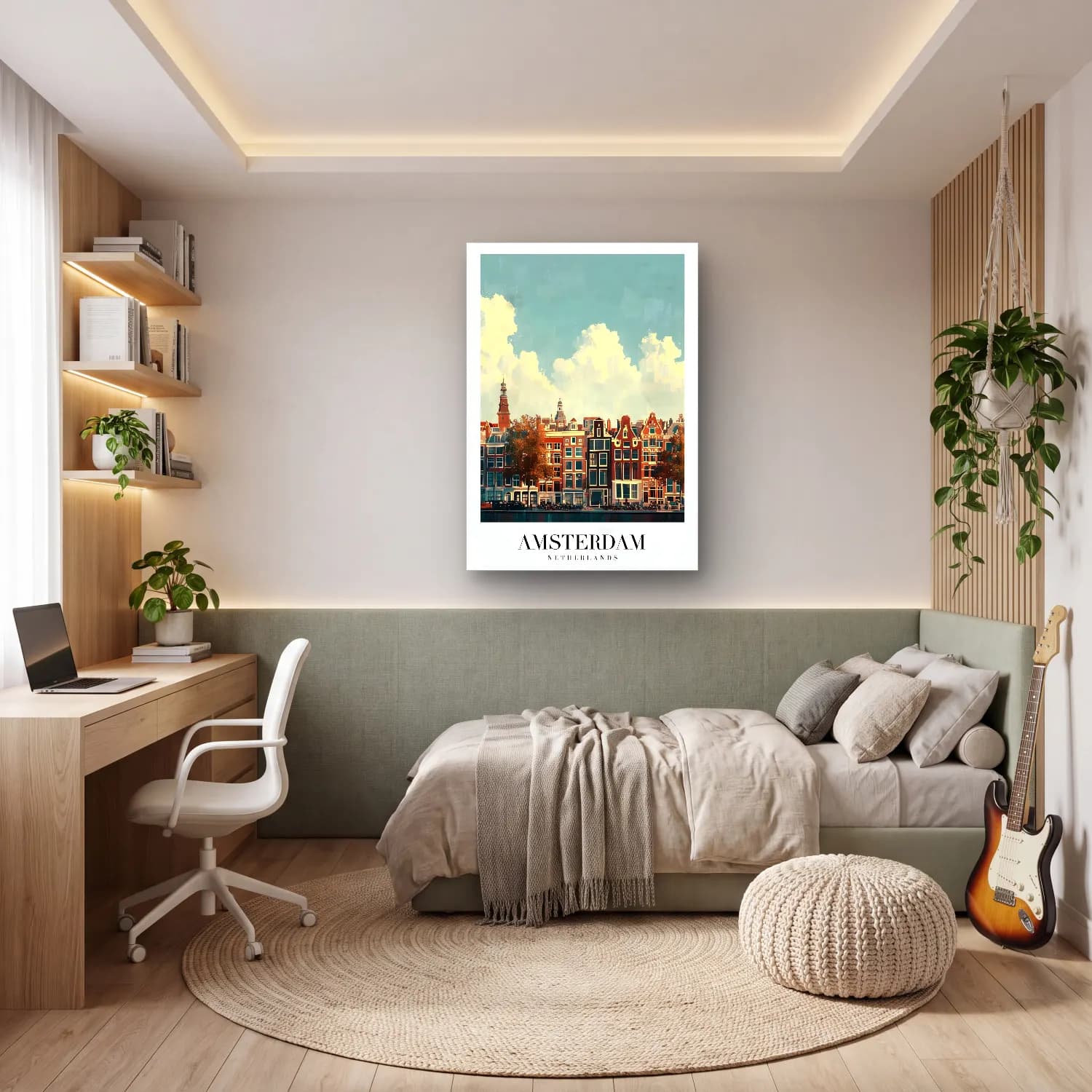 Suluboya Köy Sokağı – Turkuaz Tonlar cam tablo — genç odasında