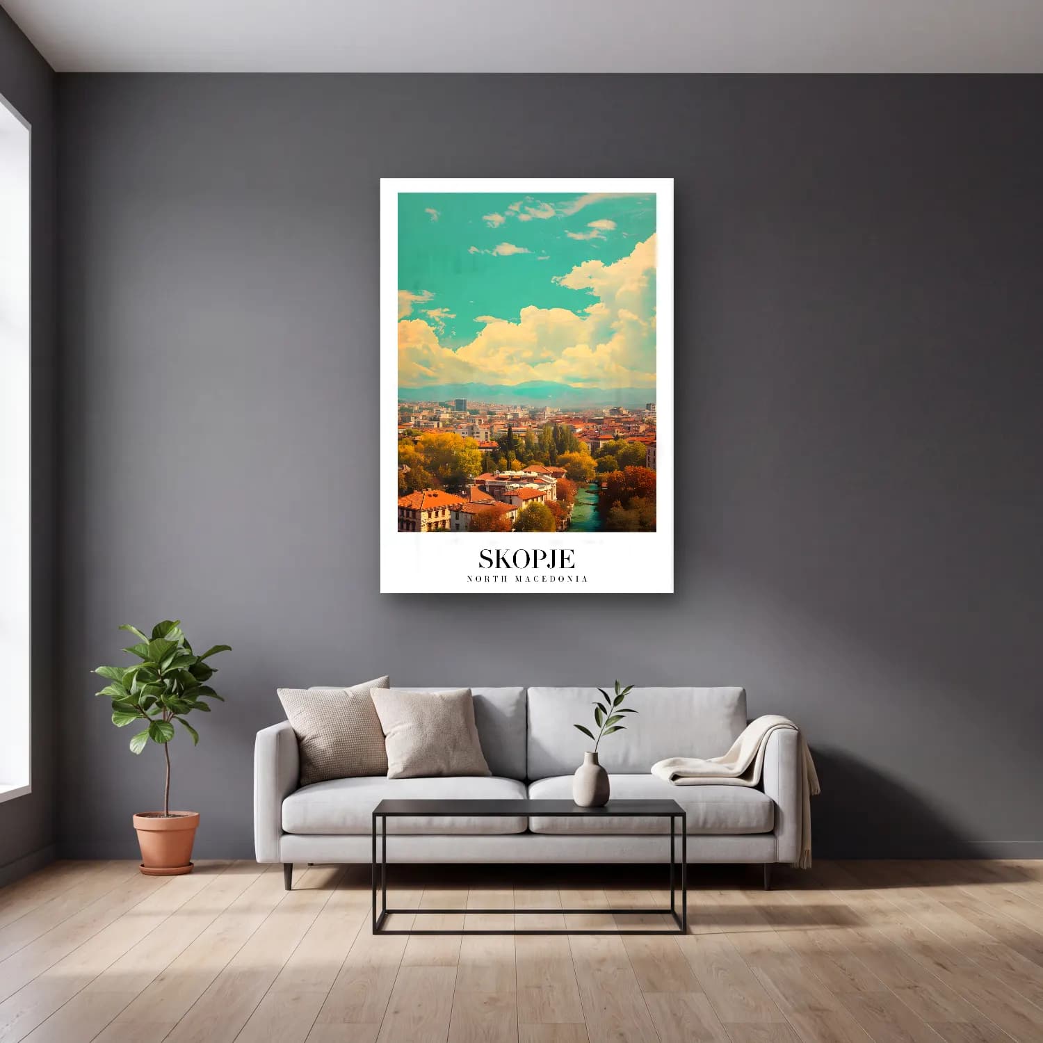 Pastel İstanbul – Turkuaz Tonlar cam tablo — gri duvarlı salonda