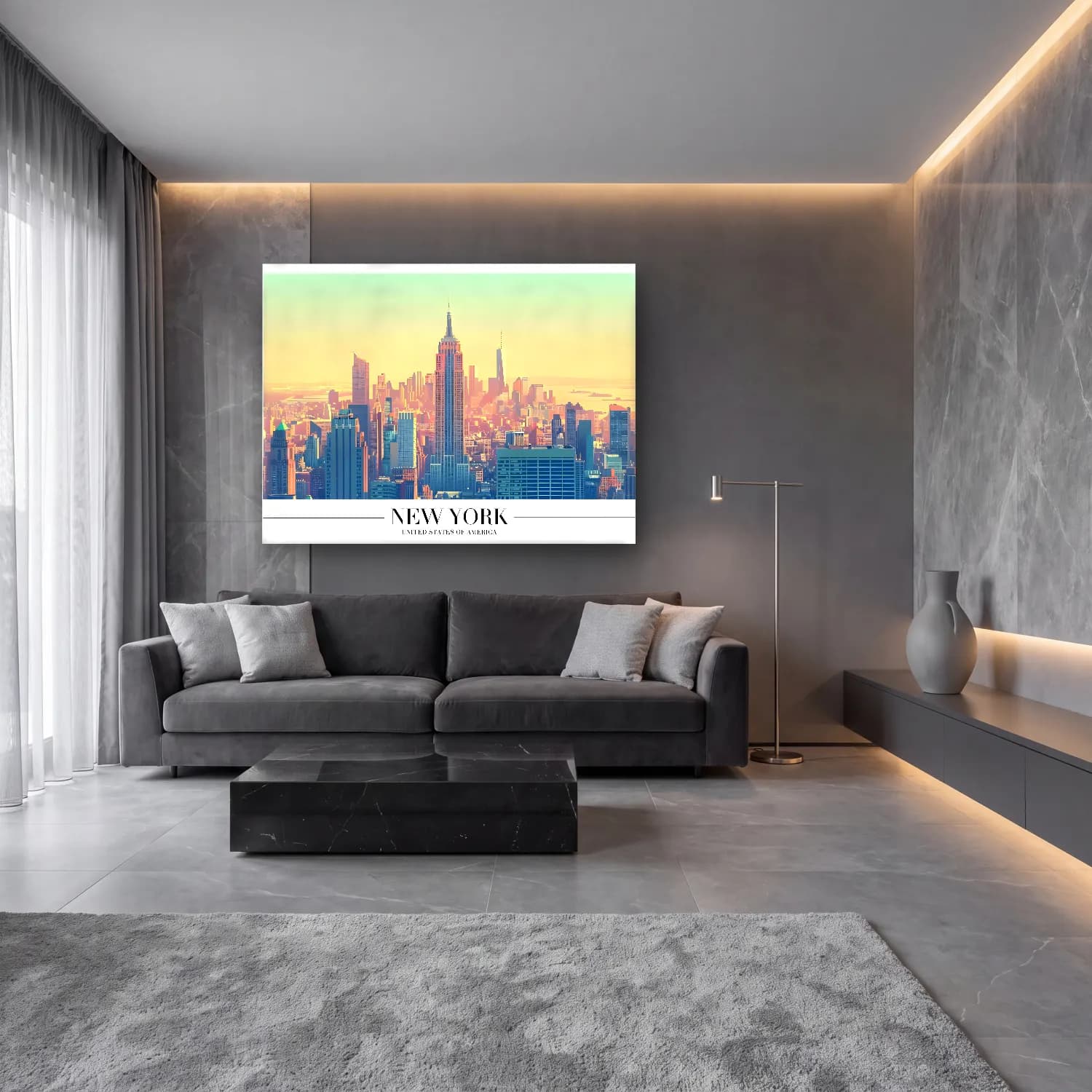 Pastel New York Silüeti No. 11 cam tablo — lüks salon duvarında