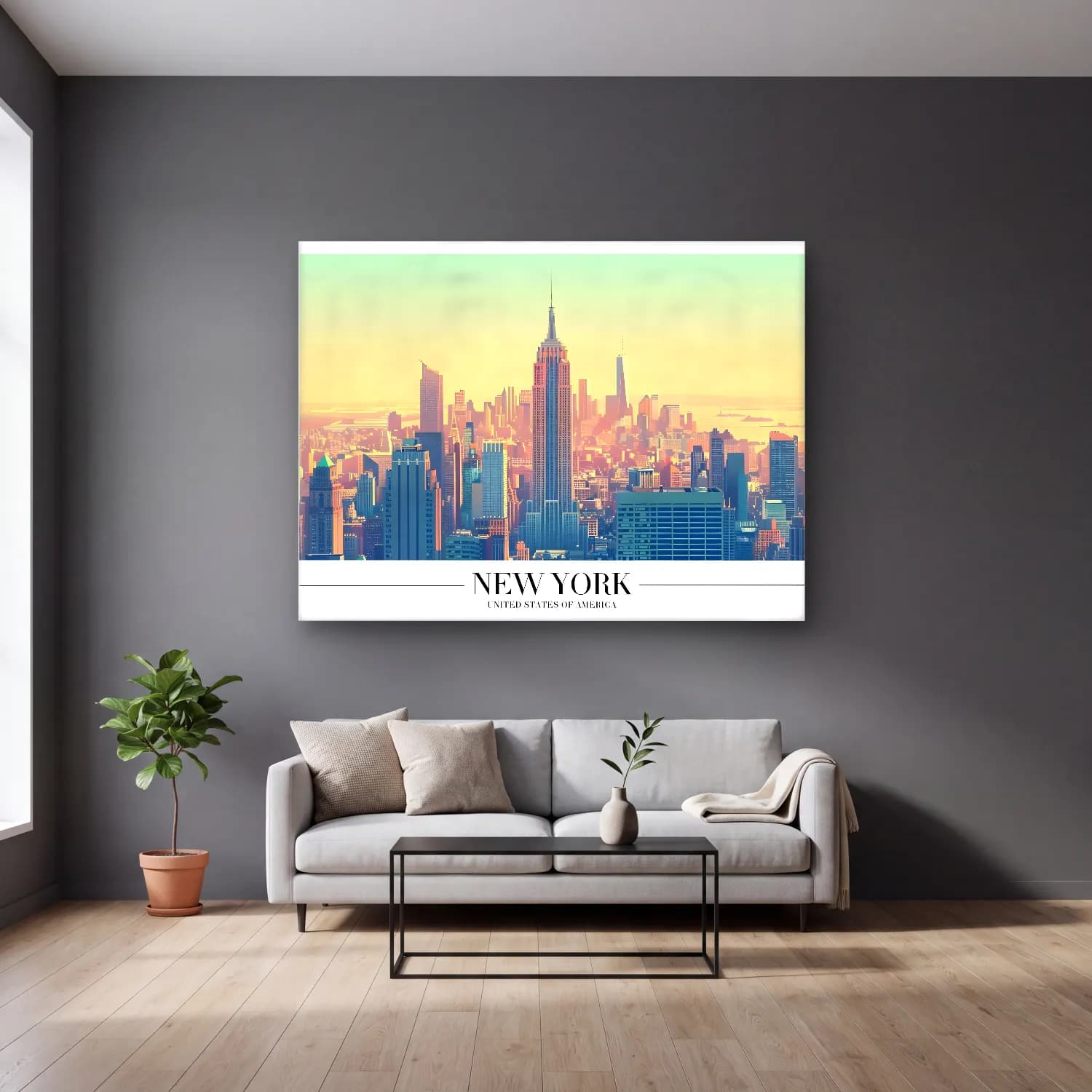 Pastel New York Silüeti No. 11 cam tablo — gri duvarlı salonda