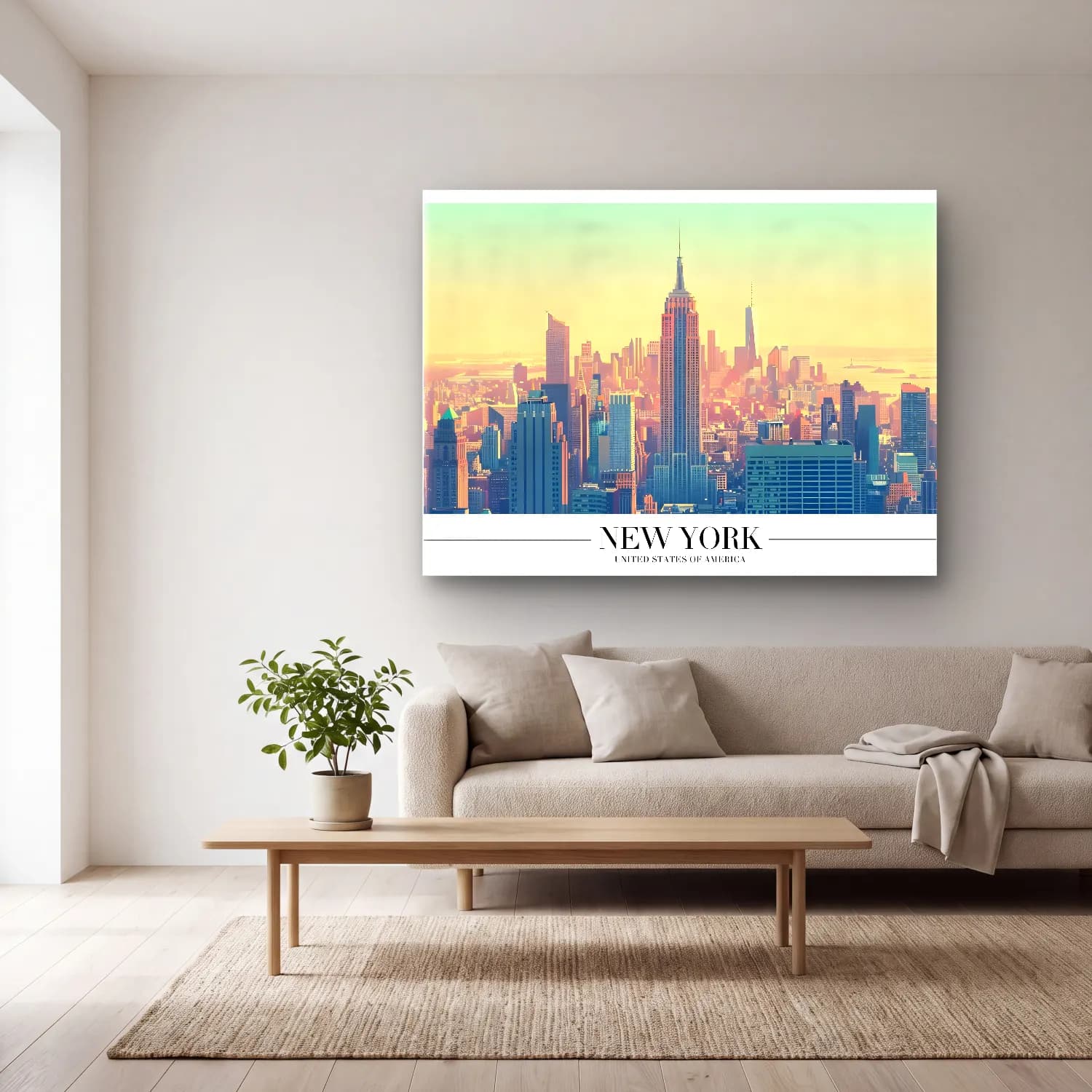 Pastel New York Silüeti No. 11 cam tablo — açık renk salonda