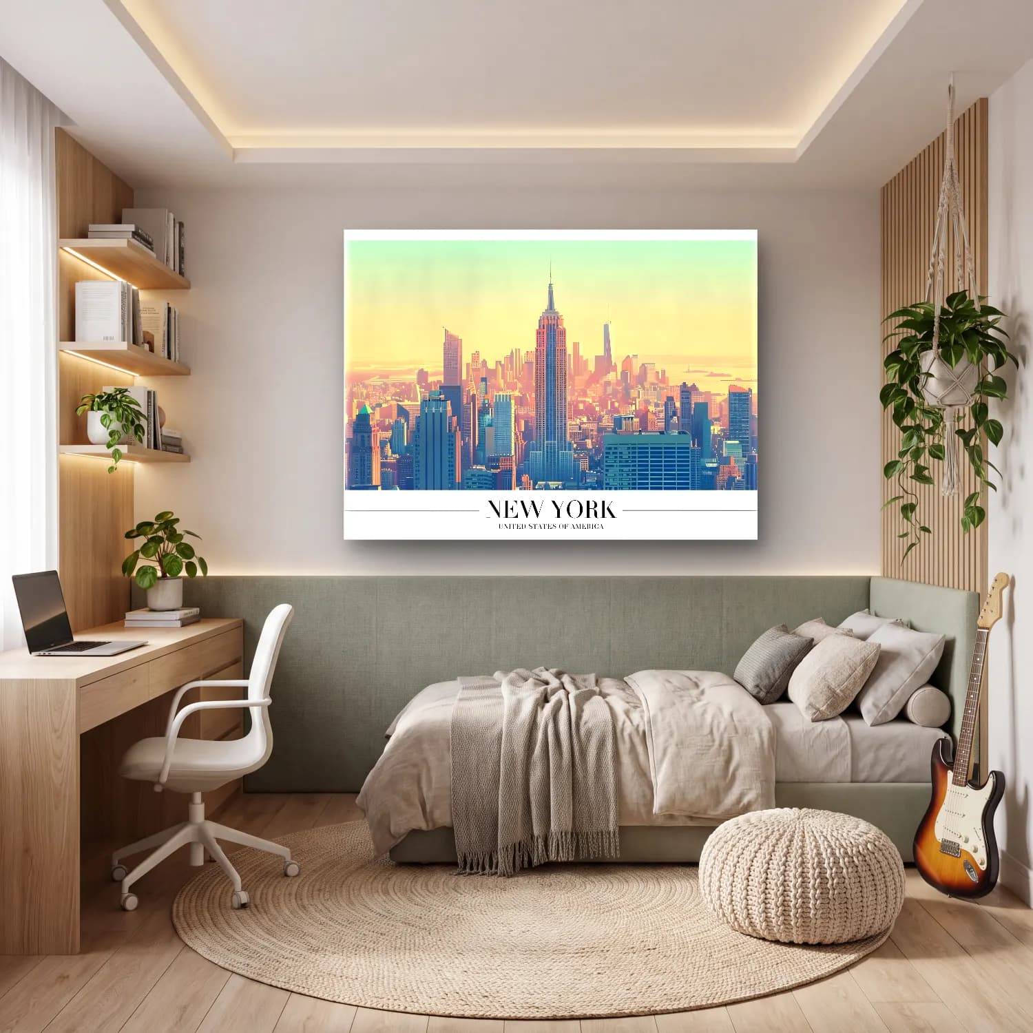 Pastel New York Silüeti No. 11 cam tablo — genç odasında