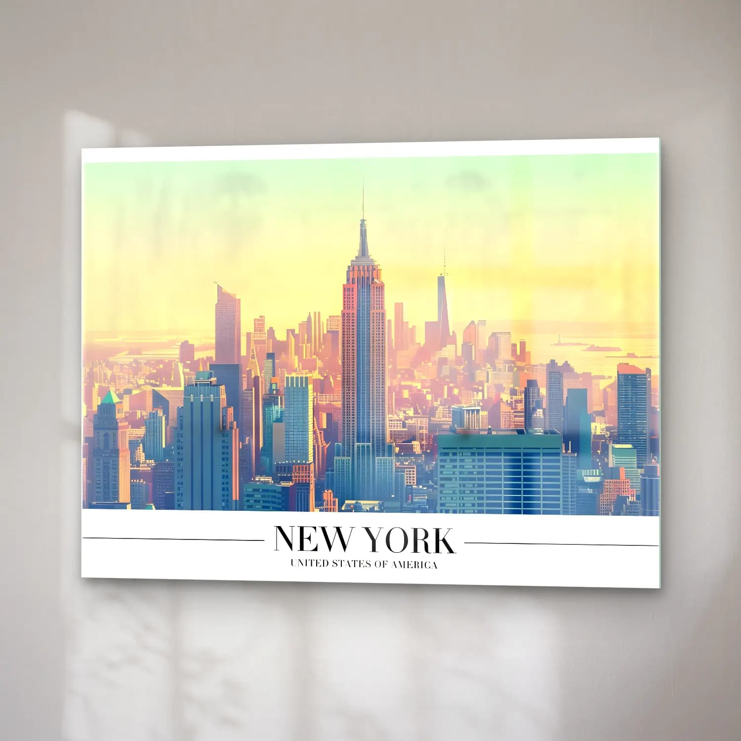 Pastel New York Silüeti No. 11 cam tablo — sağ açıdan görünüm