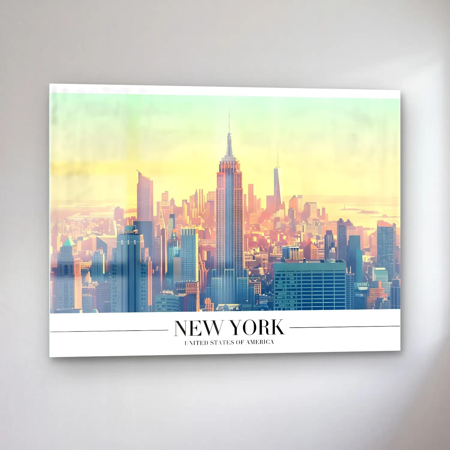 Pastel New York Silüeti No. 11 cam tablo — sol açıdan görünüm
