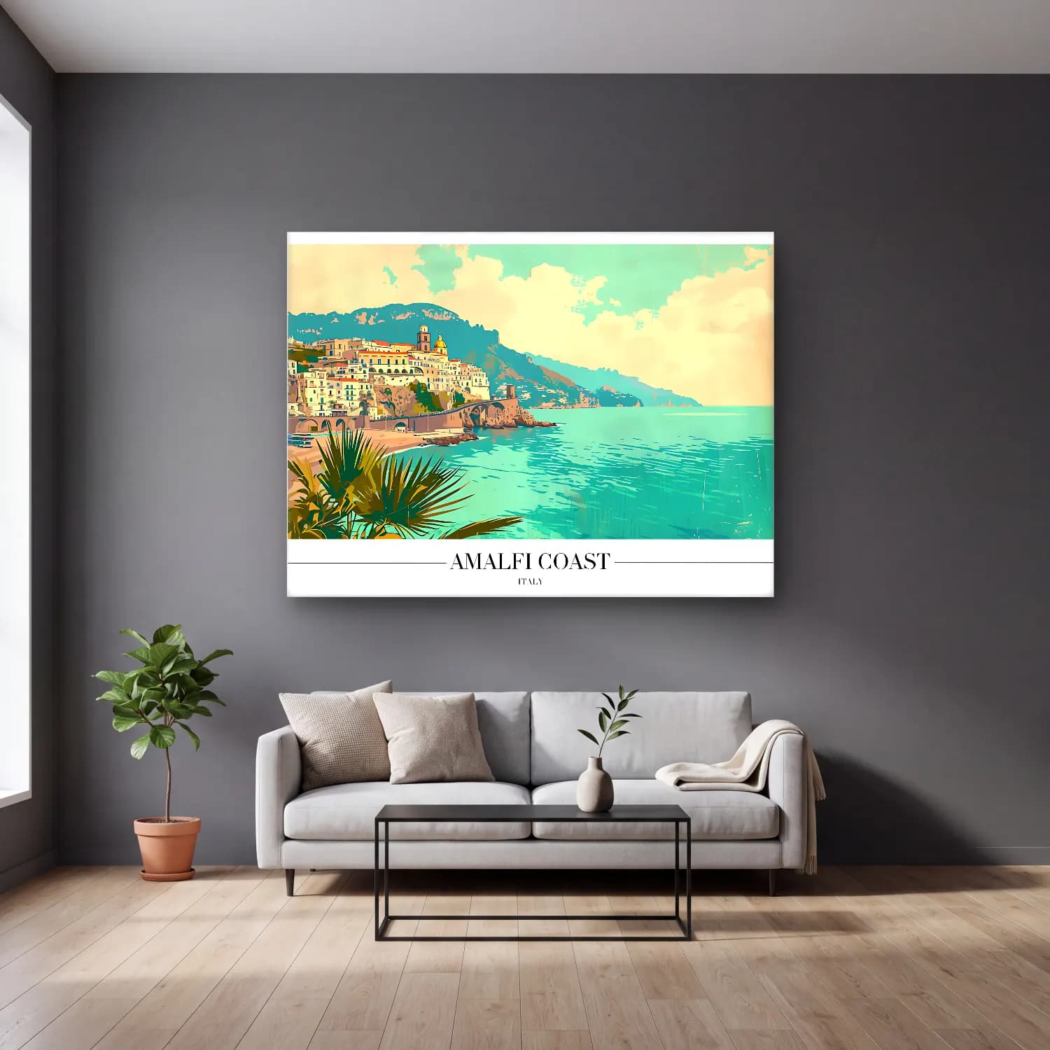 Vintage Poster Akdeniz Sahil Kasabası No. 16 cam tablo — gri duvarlı salonda