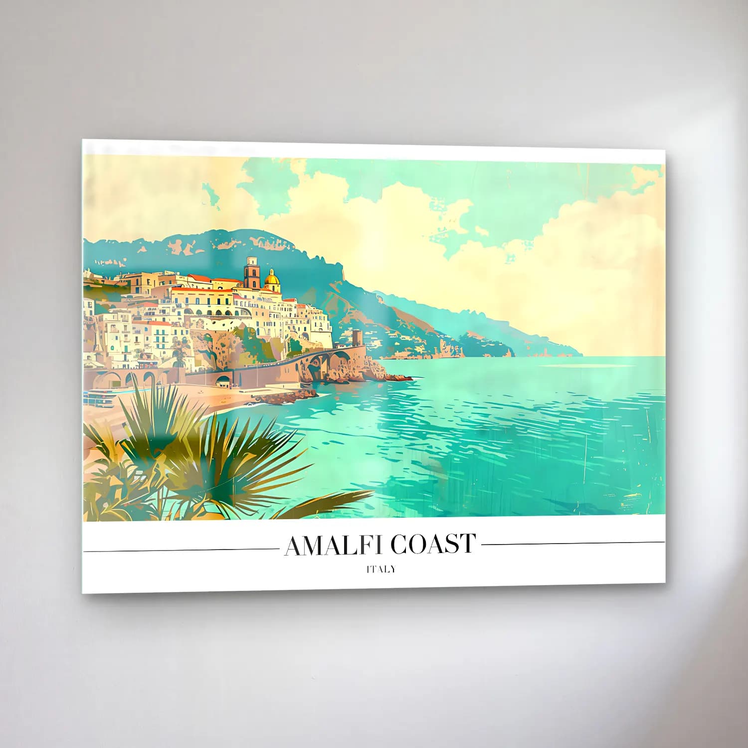 Vintage Poster Akdeniz Sahil Kasabası No. 16 cam tablo — sol açıdan görünüm