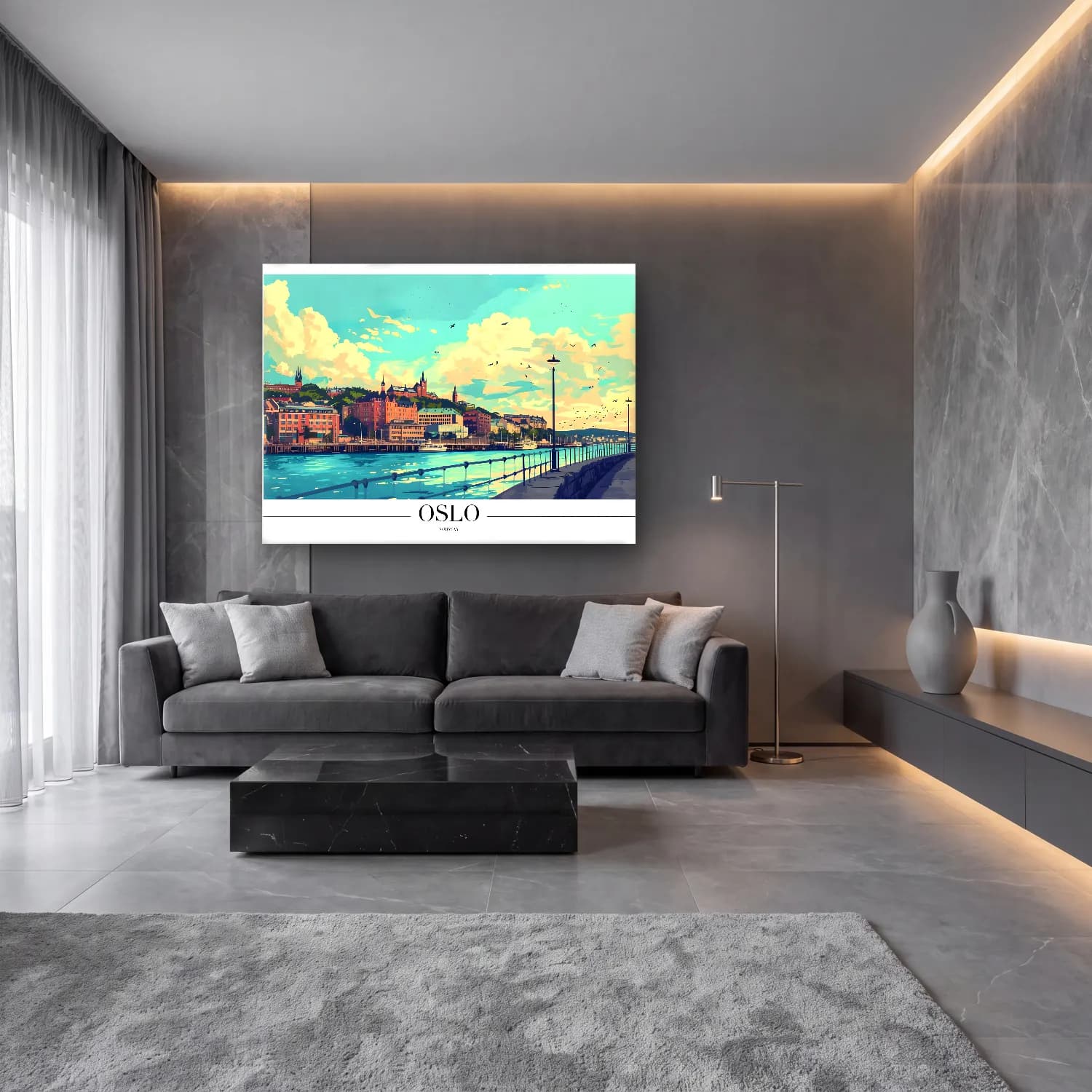 Pastel Liman ve Tekneler No. 9 cam tablo — lüks salon duvarında