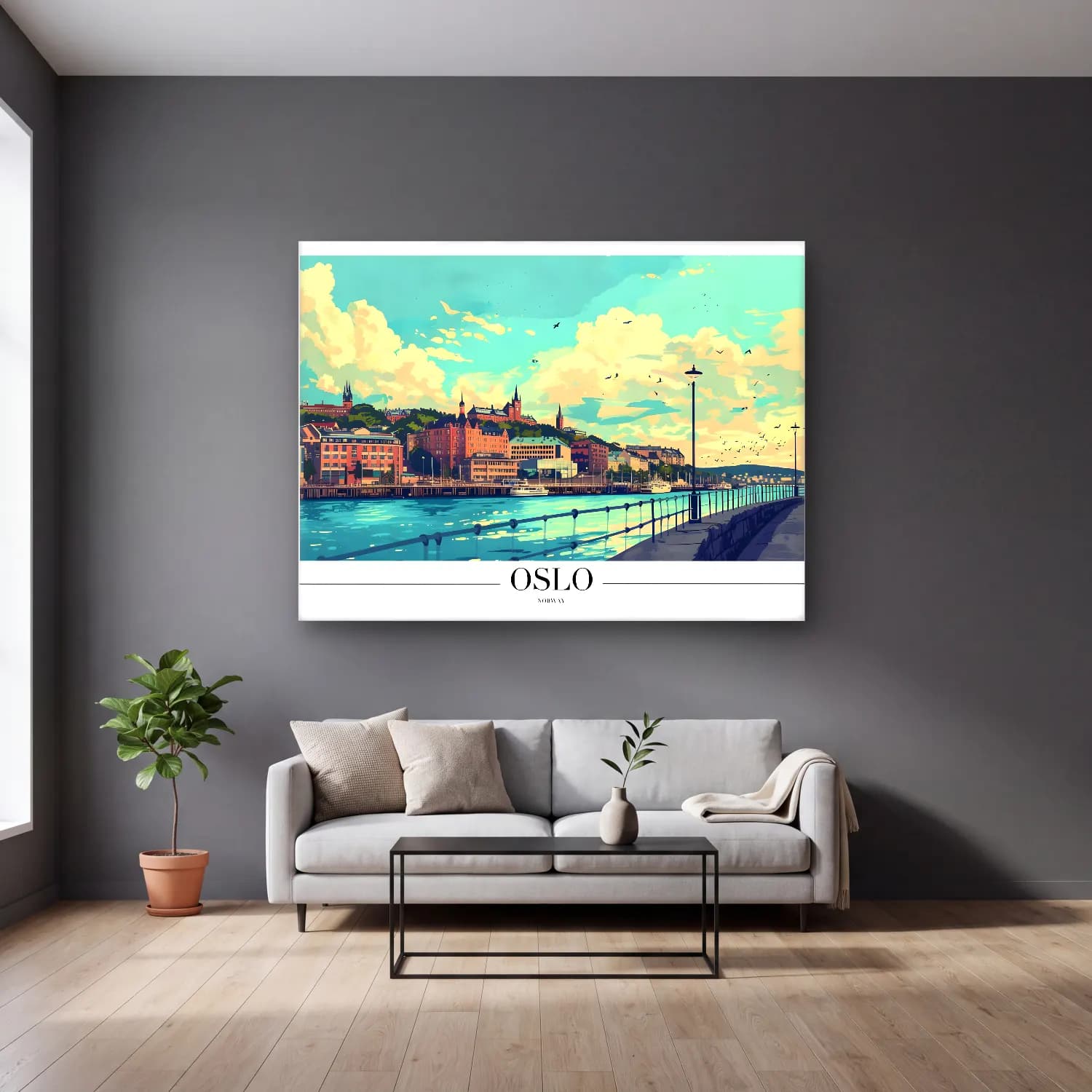 Pastel Liman ve Tekneler No. 9 cam tablo — gri duvarlı salonda