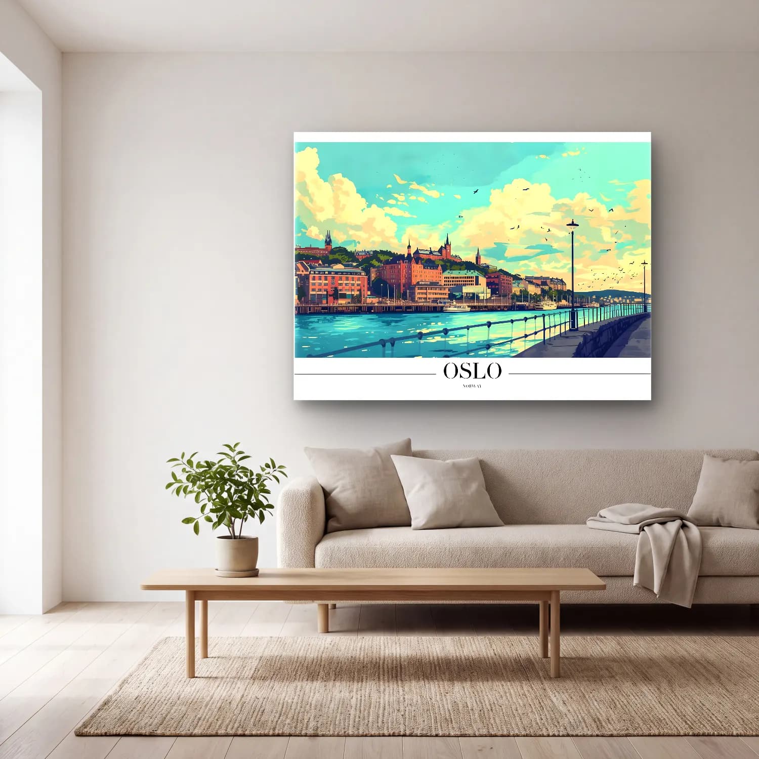 Pastel Liman ve Tekneler No. 9 cam tablo — açık renk salonda