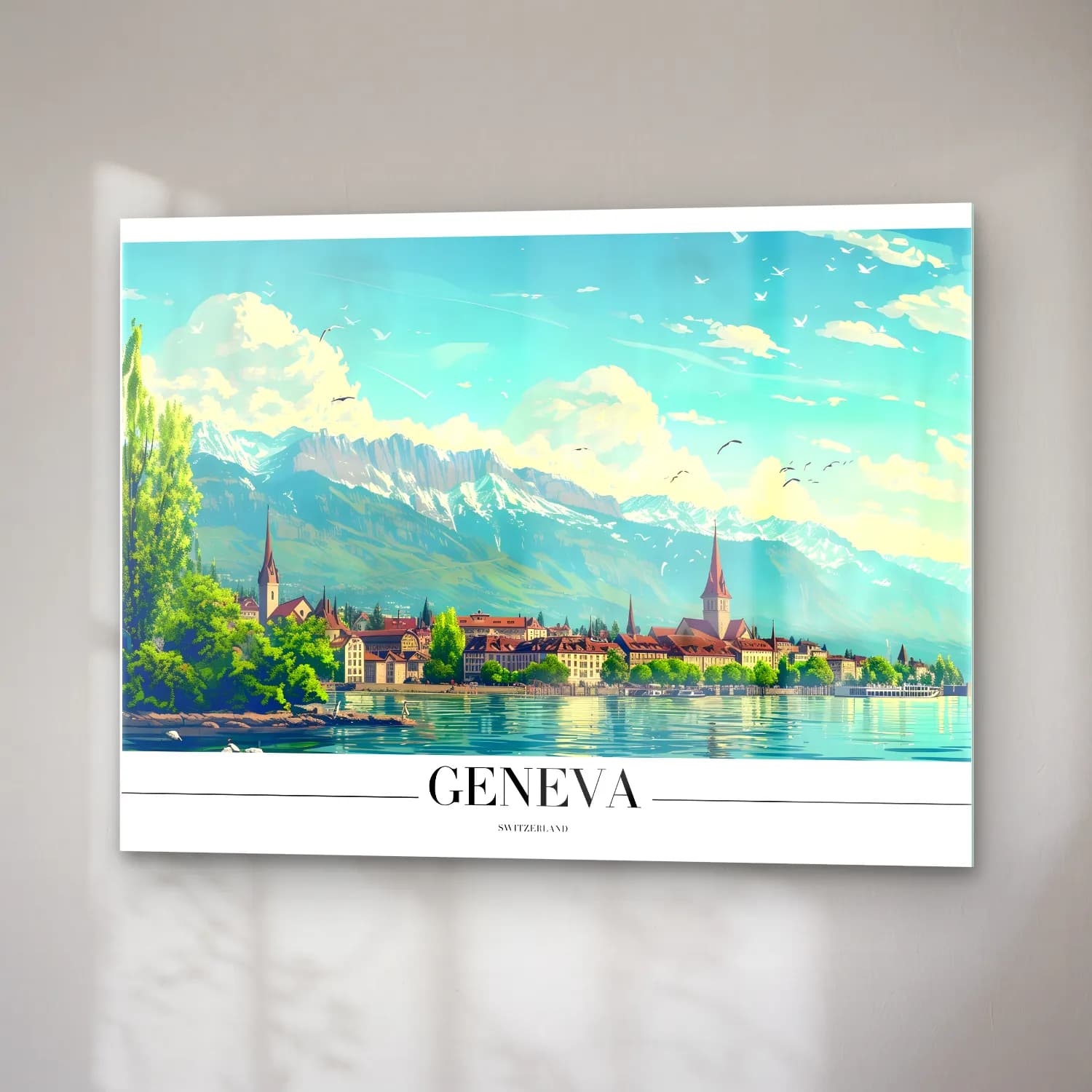 Vintage Poster Göl ve Dağlar No. 4 cam tablo — sağ açıdan görünüm