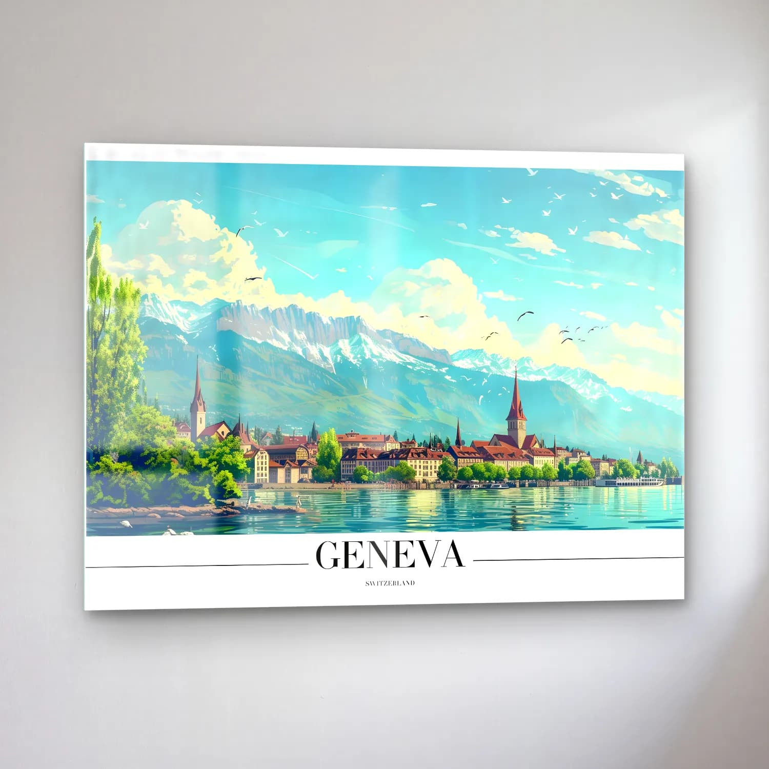 Vintage Poster Göl ve Dağlar No. 4 cam tablo — sol açıdan görünüm