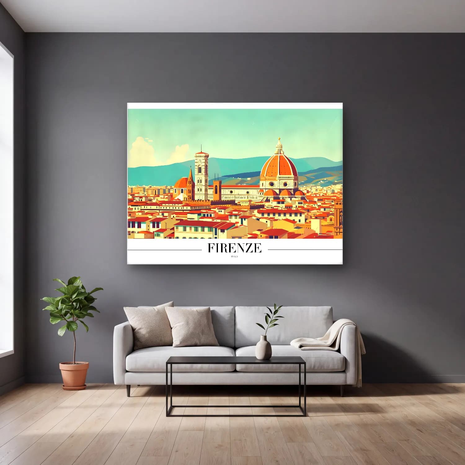Vintage Poster Akdeniz Sahil Kasabası No. 18 cam tablo — gri duvarlı salonda