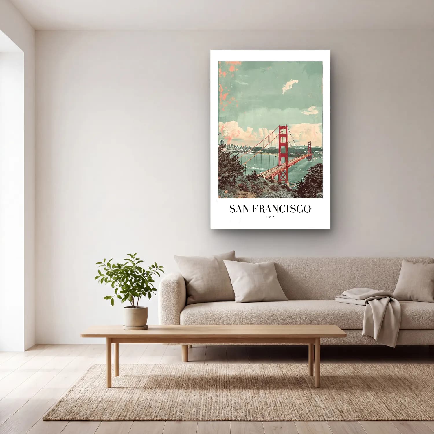 Vintage Poster Köprü No. 5 cam tablo — açık renk salonda