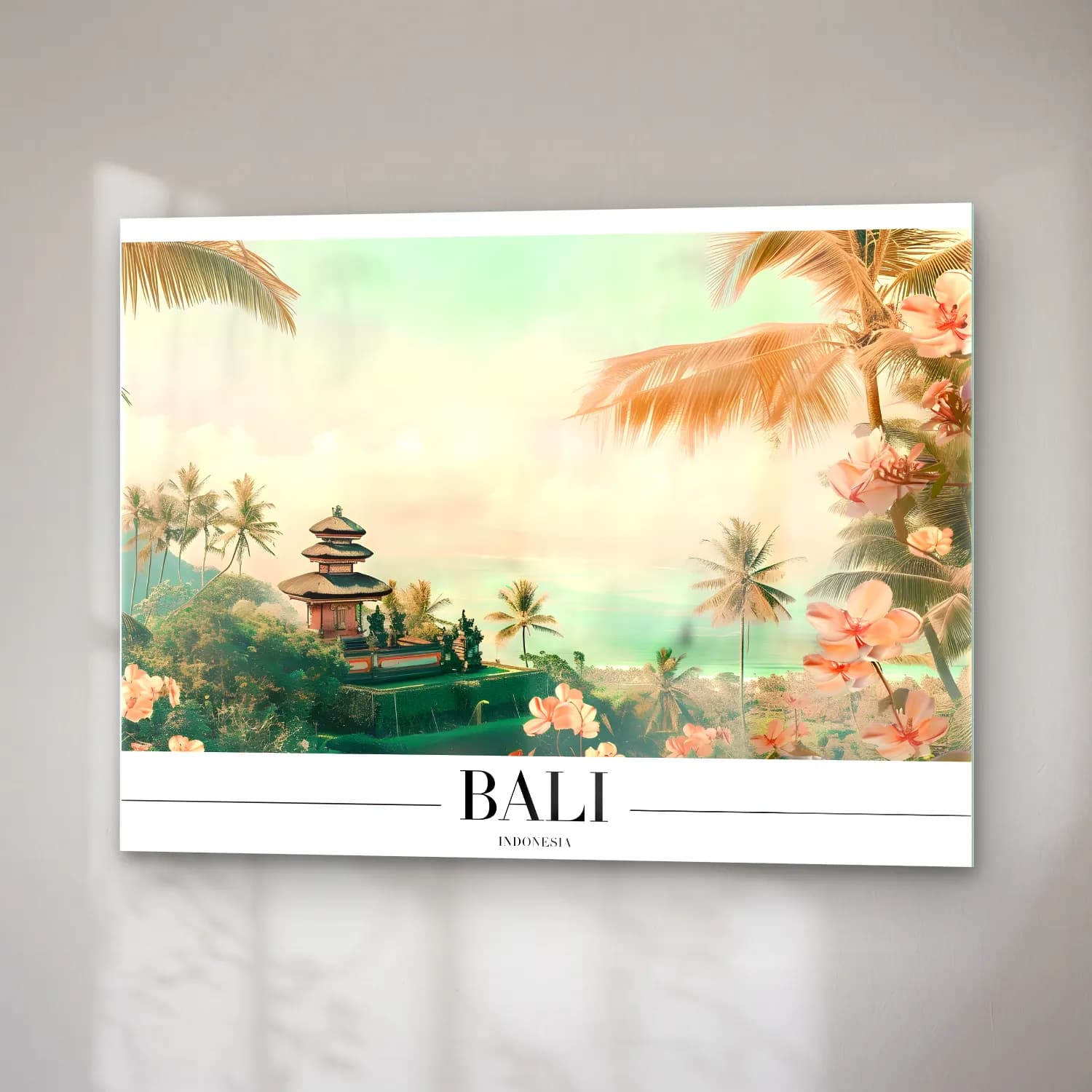 Pastel Palmiyeli Tropik Sahil No. 50 cam tablo — sağ açıdan görünüm