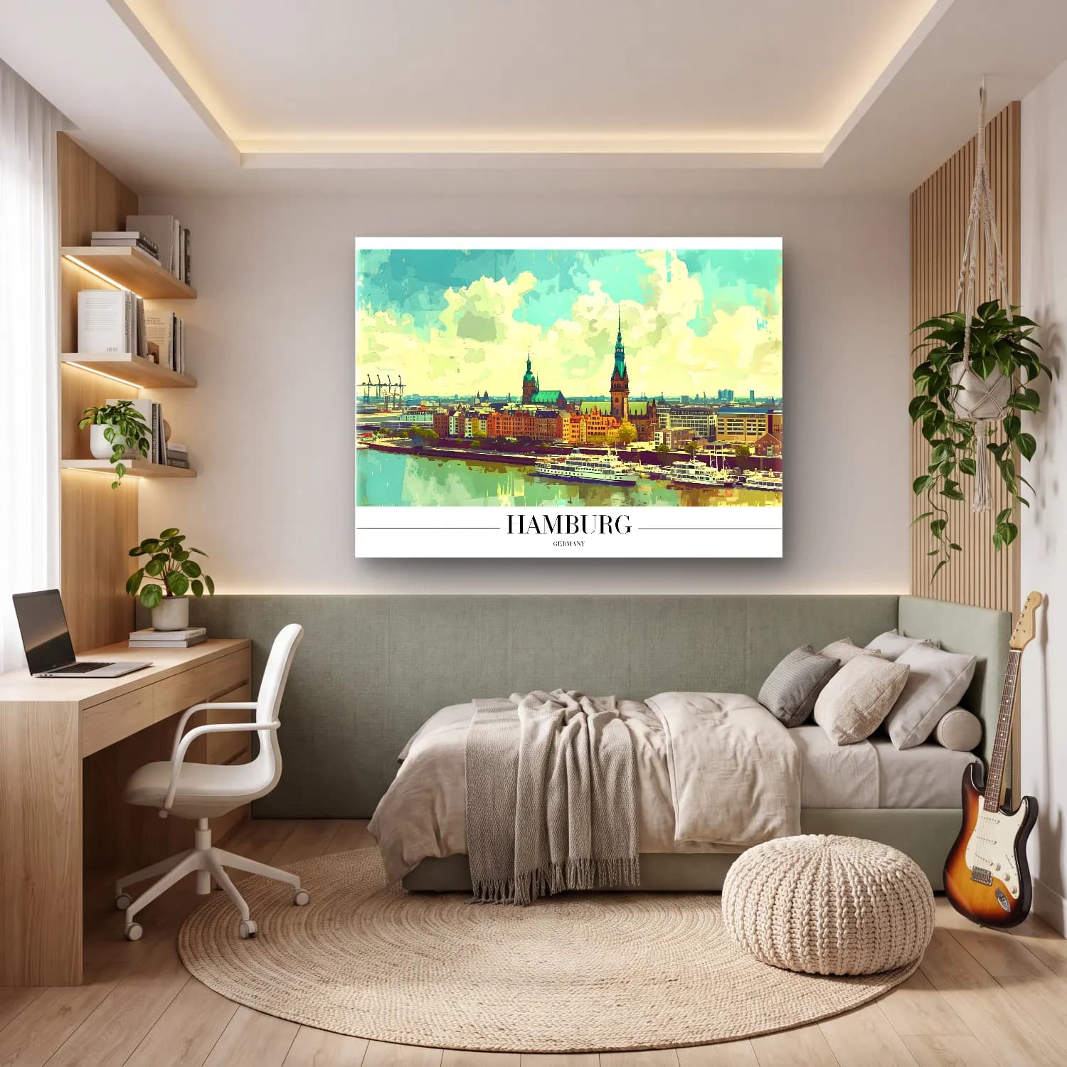 Suluboya Liman ve Tekneler – Sarı Tonlar cam tablo — genç odasında