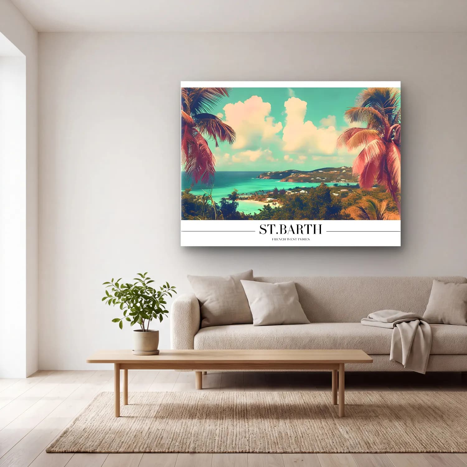 Pastel Palmiyeli Tropik Sahil No. 51 cam tablo — açık renk salonda