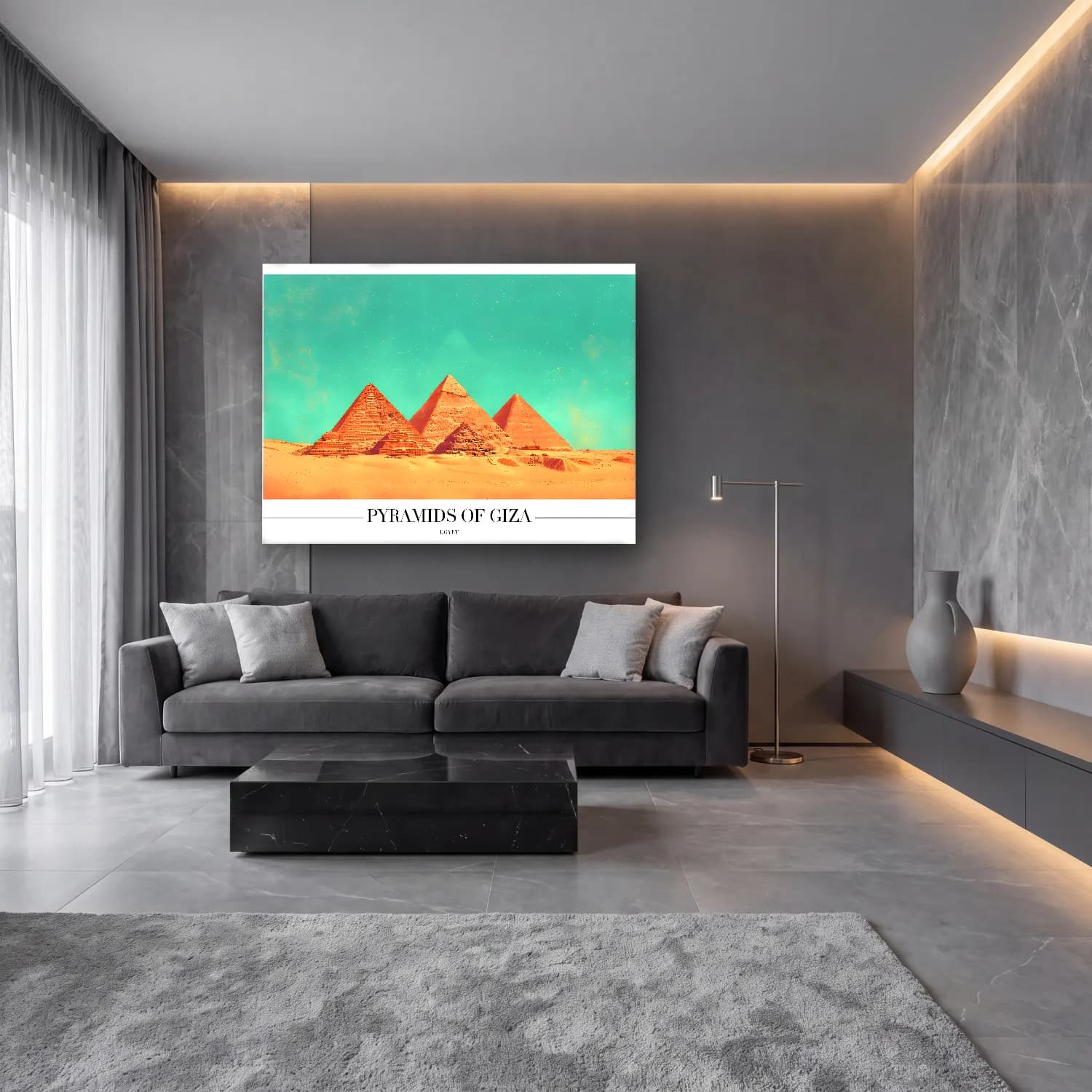Pastel Mısır Piramitleri – Turkuaz Tonlar cam tablo — lüks salon duvarında