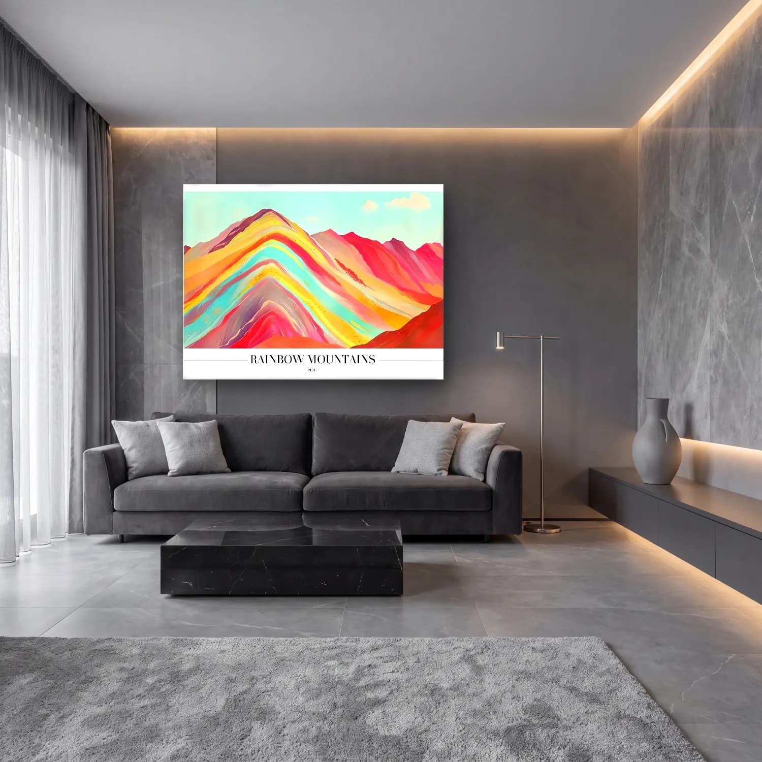 Pastel Dağ Manzarası No. 13 cam tablo — lüks salon duvarında
