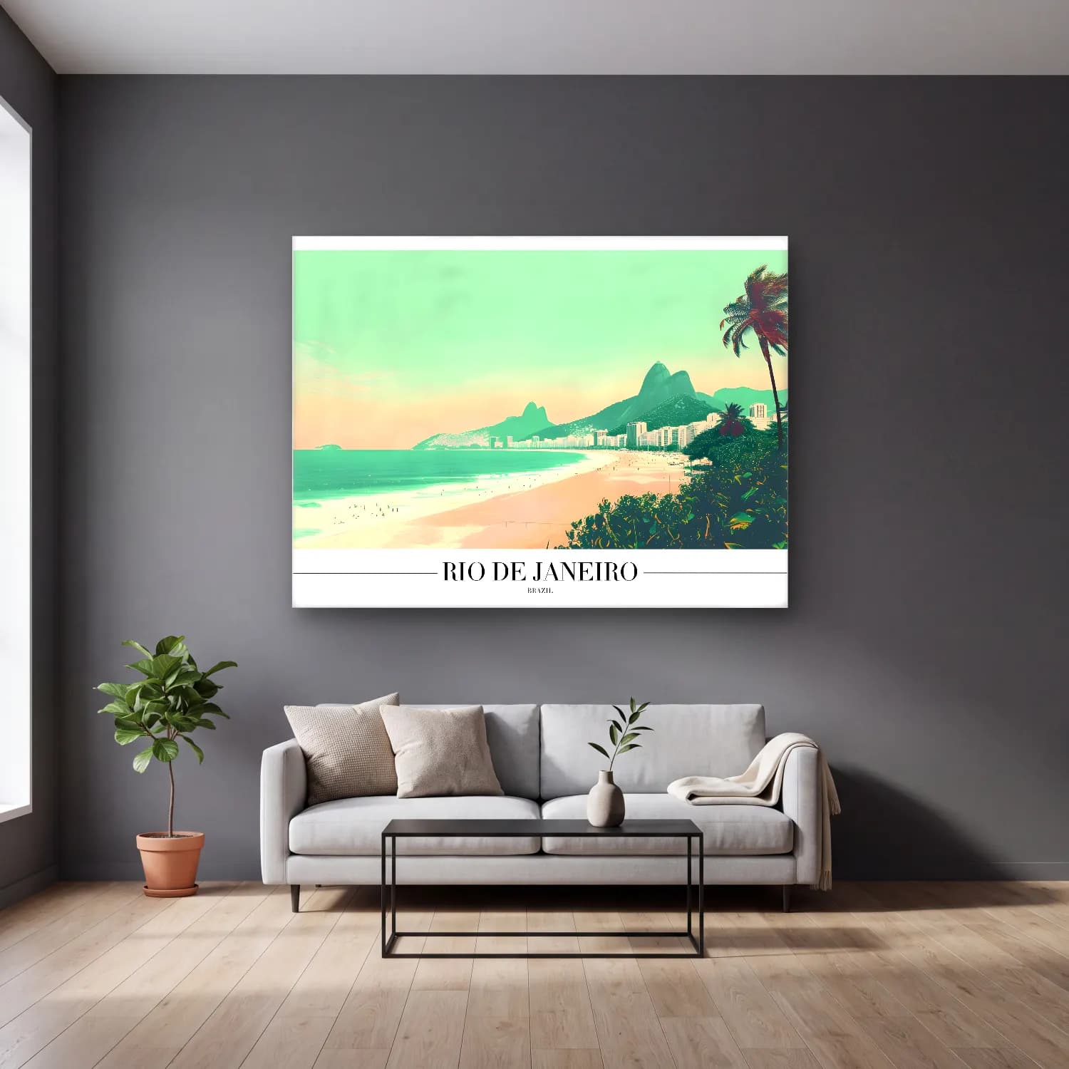 Pastel Sahilde İnsanlar – Pastel Tonlar cam tablo — gri duvarlı salonda
