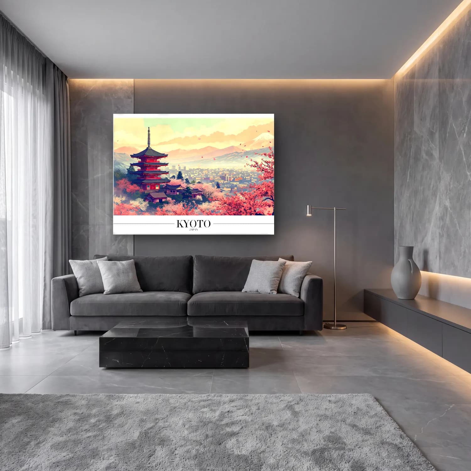 Pastel Japon Şehri No. 13 cam tablo — lüks salon duvarında