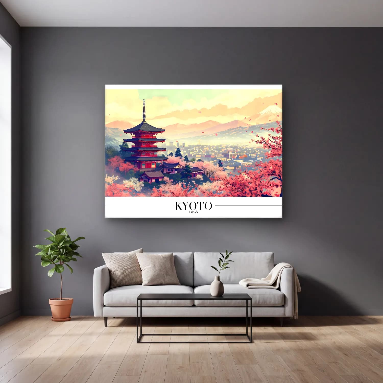 Pastel Japon Şehri No. 13 cam tablo — gri duvarlı salonda