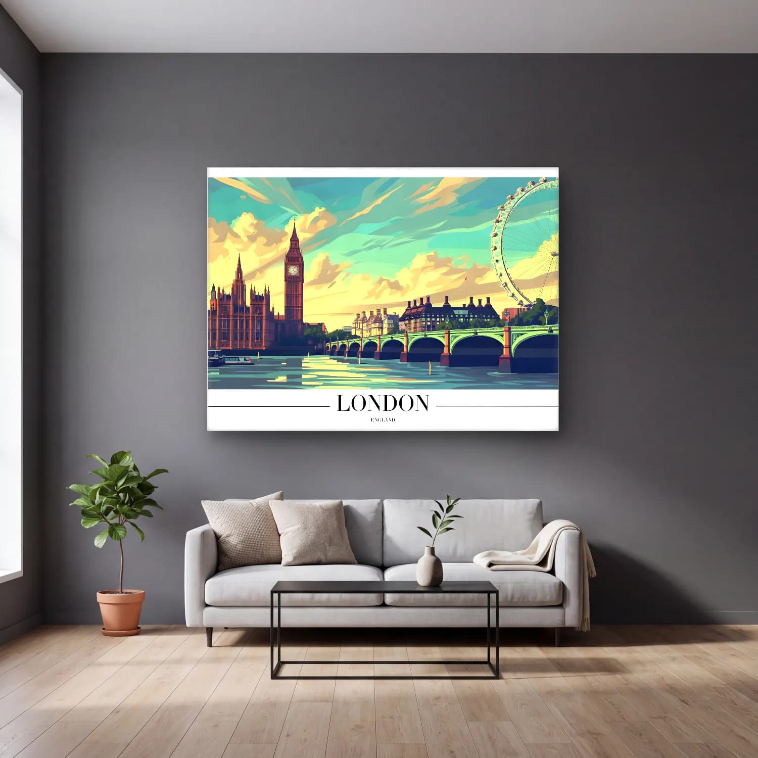 Vintage Londra No. 6 cam tablo — gri duvarlı salonda