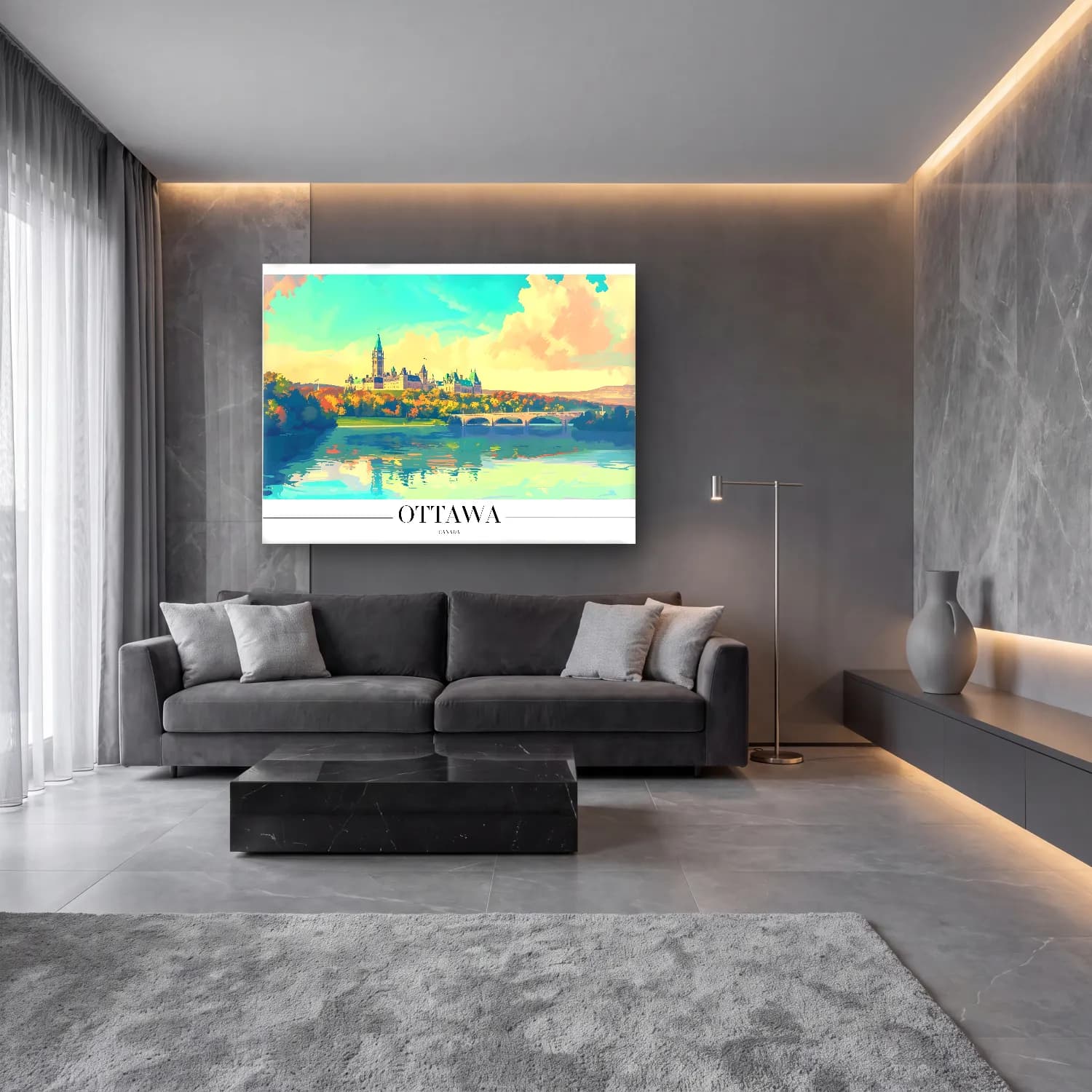 Pastel Şato – Turkuaz Tonlar cam tablo — lüks salon duvarında