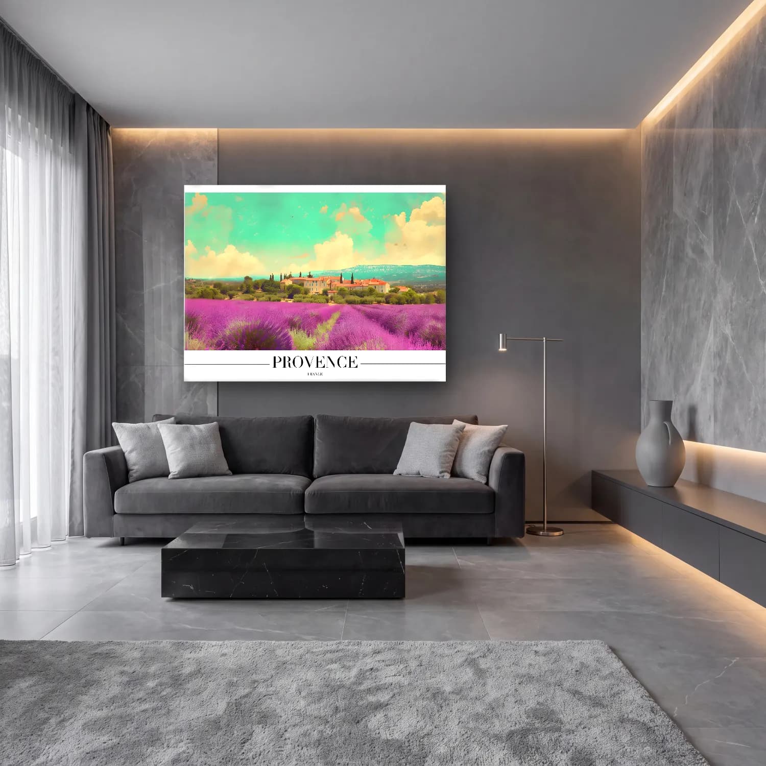 Pastel Lavanta Tarlası No. 8 cam tablo — lüks salon duvarında