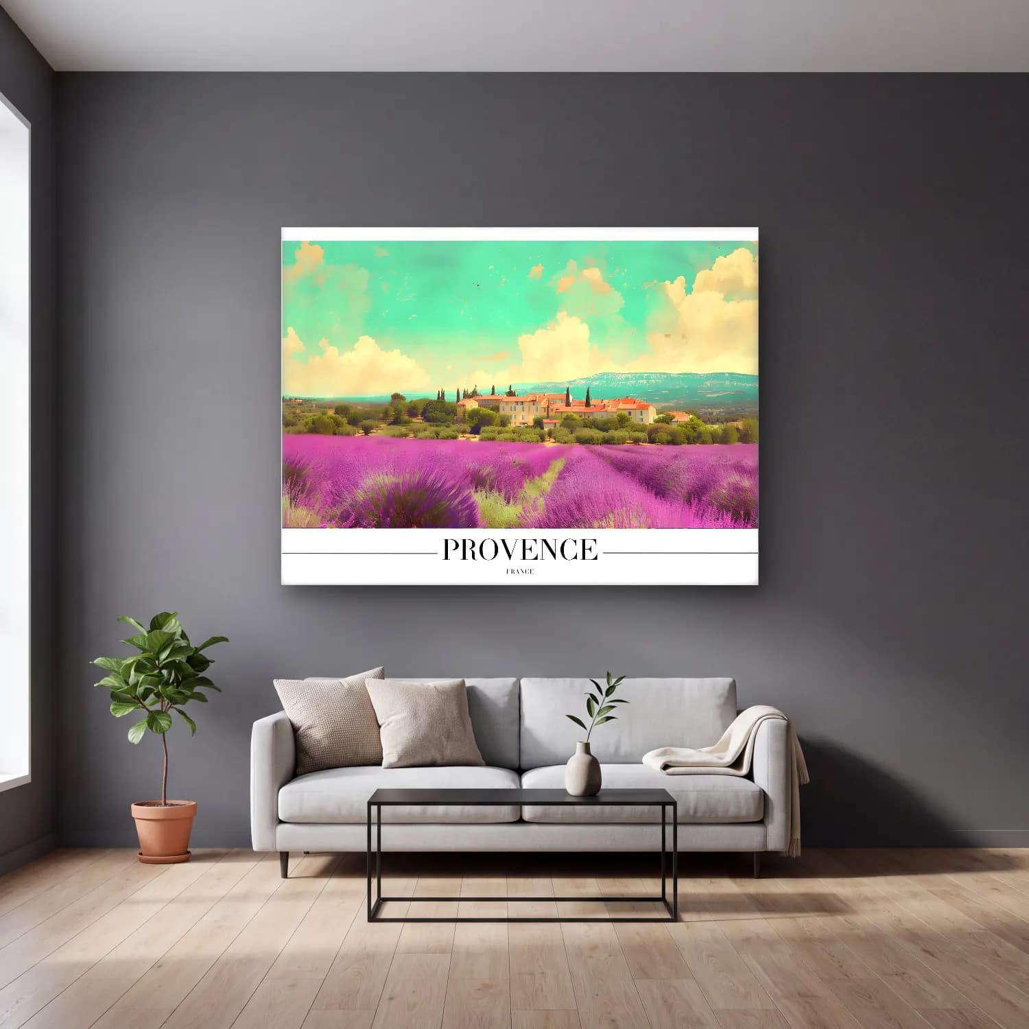 Pastel Lavanta Tarlası No. 8 cam tablo — gri duvarlı salonda