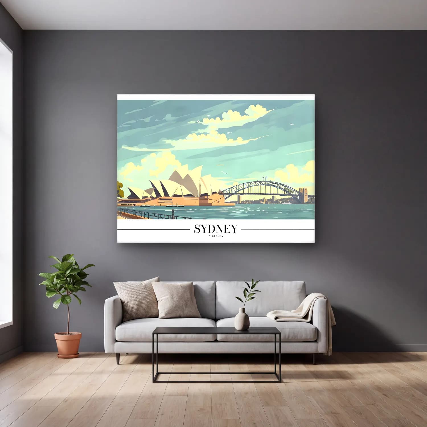 Pastel Köprü No. 6 cam tablo — gri duvarlı salonda