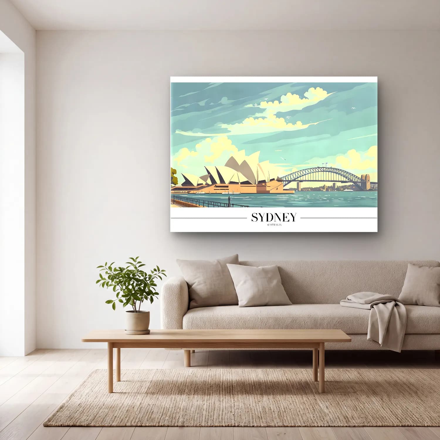 Pastel Köprü No. 6 cam tablo — açık renk salonda