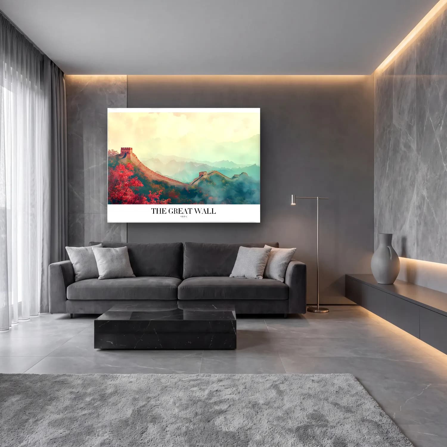 Pastel Dağ Manzarası No. 14 cam tablo — lüks salon duvarında