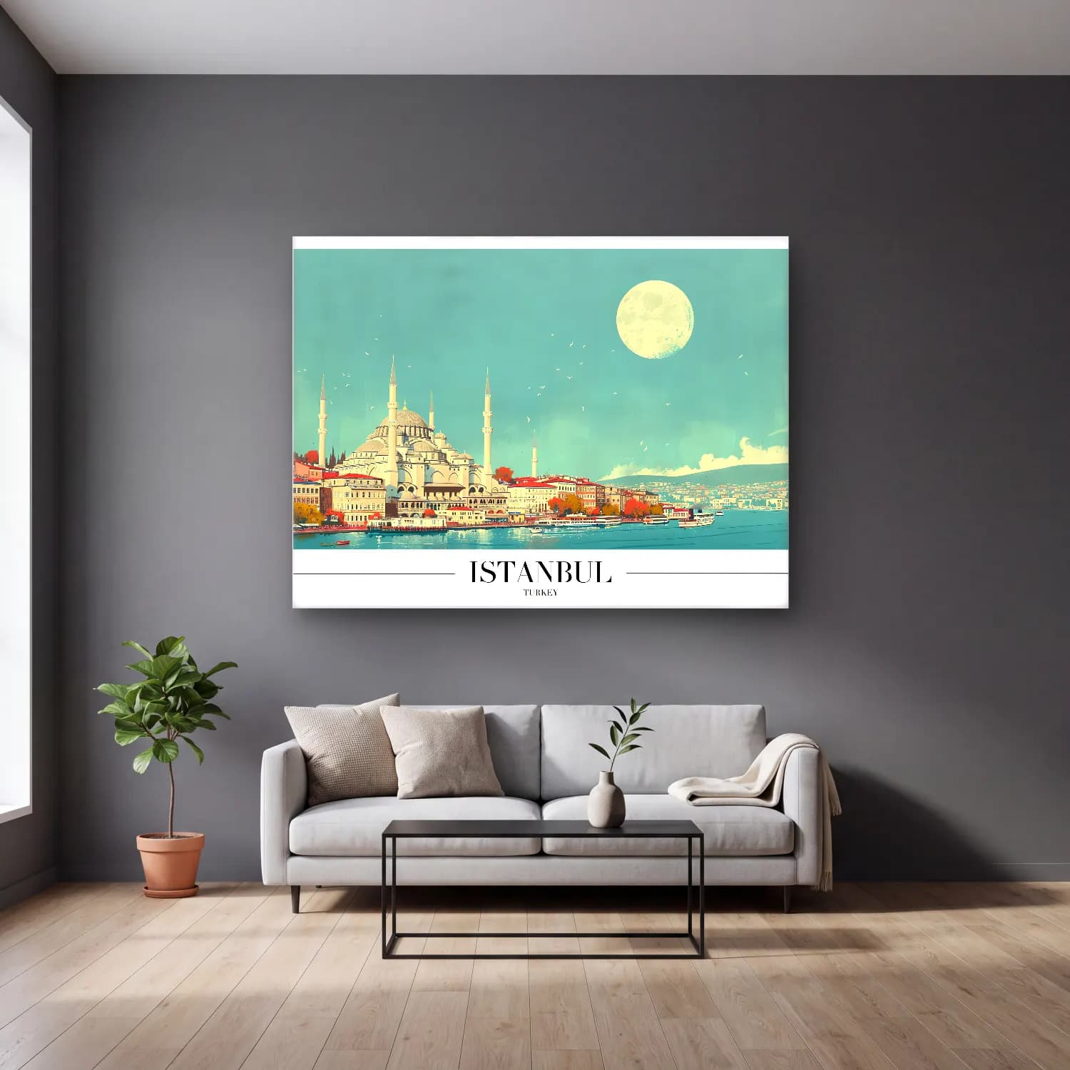 Vintage Poster İstanbul No. 2 cam tablo — gri duvarlı salonda